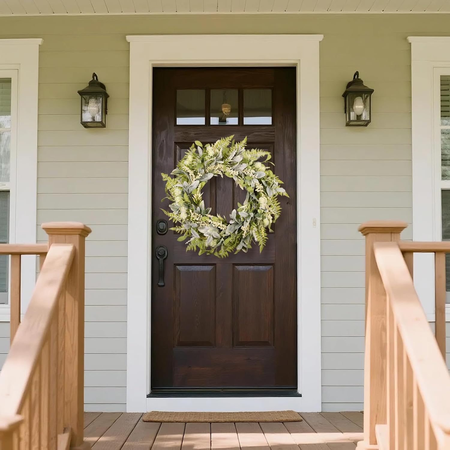 21 Inch Artificial Eucalyptus Wreaths for Front Door - Mixed Greenery Leaves Wreath with White Berries on Grapevine Base, All Seasons Farmhouse Decor for Porch, Window, Indoor & Outdoor - Image 4