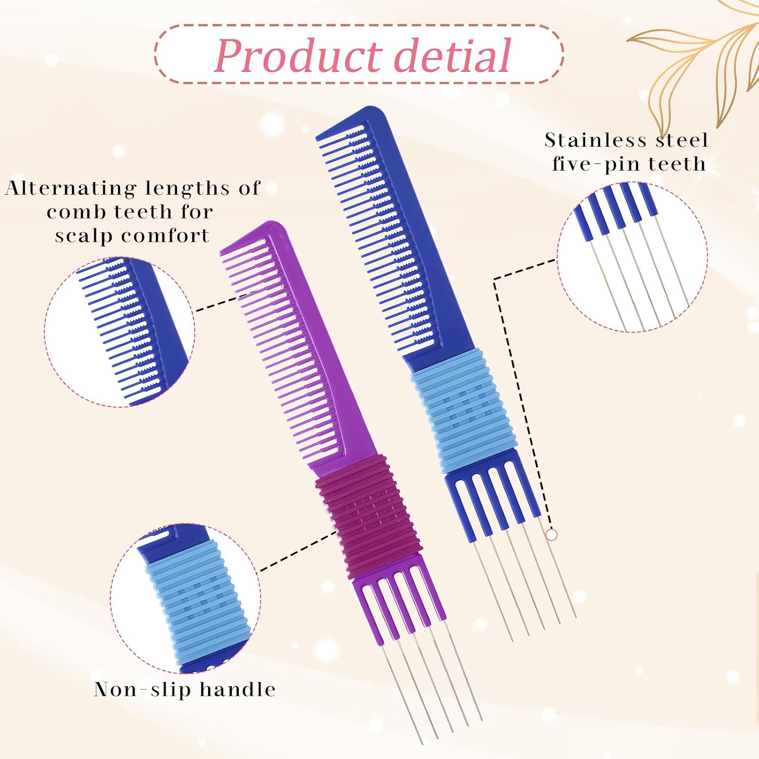 2PCS Metal Pick Comb, Blue Purple Hair Comb with Prong, Lift Teasing Combs for Women Men, Hair Salon Styling, Fluffing, Fine Hairs