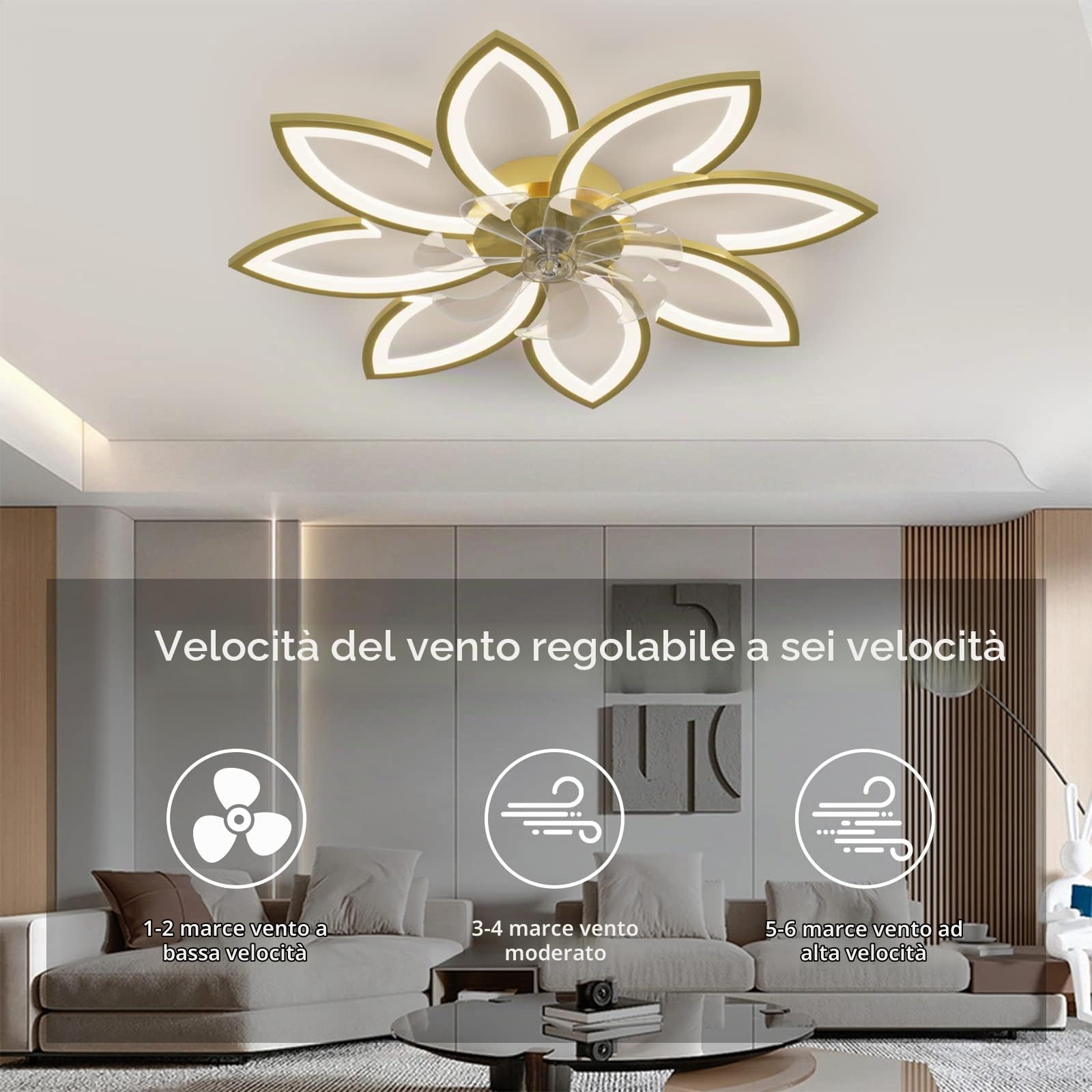 Ventilatore da soffitto a LED con illuminazione, lampada a sospensione dimmerabile 90W con ventilatore, ventilatore da soffitto silenzioso con luce, per soggiorno camera da letto oro, 8 Köpfe 90x15cm