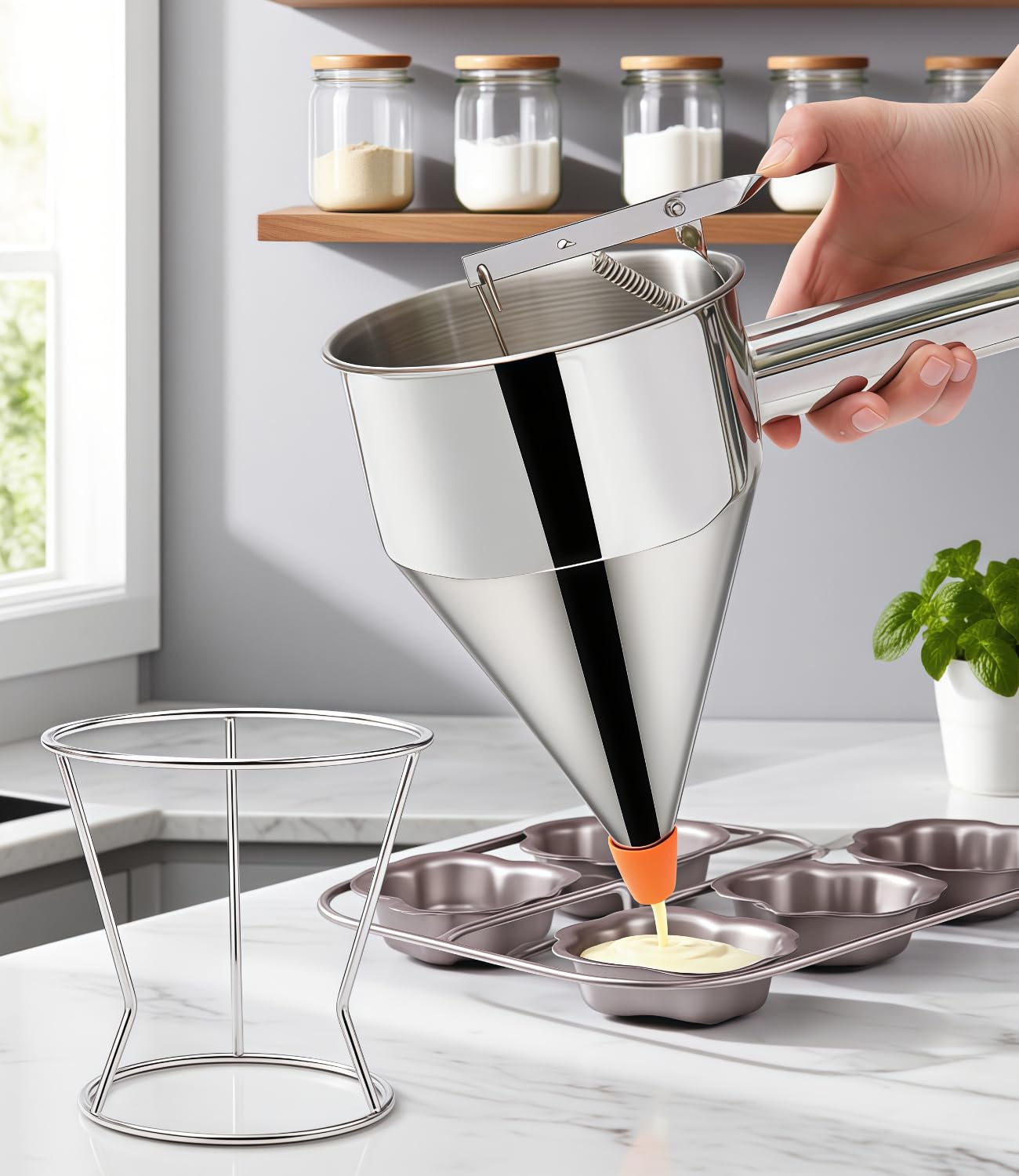 Imbuto Cucina, 600ml Imbuto per Pasticceria da Cucina in Acciaio Inox, Dosatore per Impasti con Supporto e 4 beccucci in silicone per Torte, Frittelle, Dessert, Waffle, Muffin