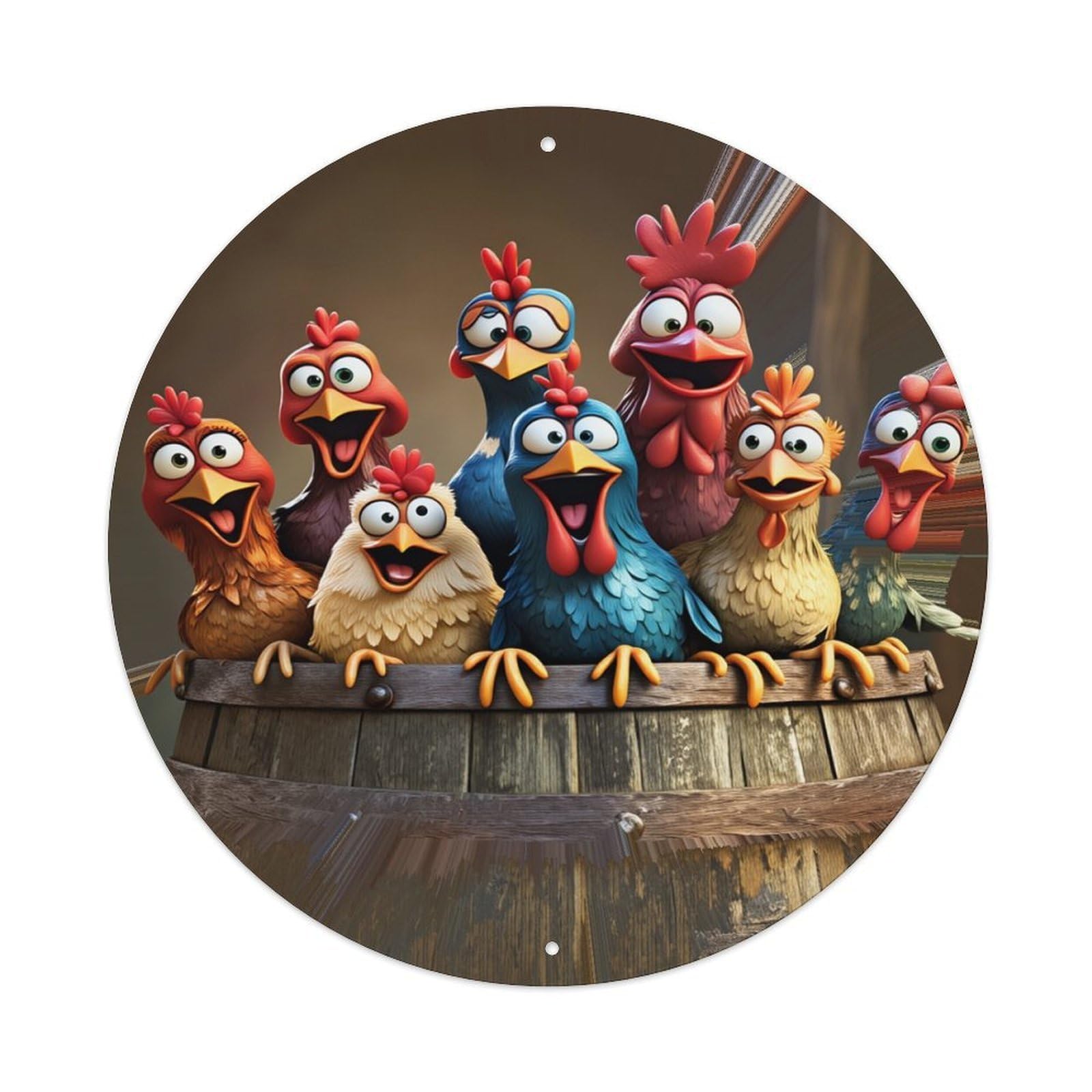 Colorful Chickens On Barrel Round Tin Sign Retro Metal Sign for Cafe Bar Pub Home Game Room Gym Club Wall Decoration Vintage Metal Poster 8x8 Inch