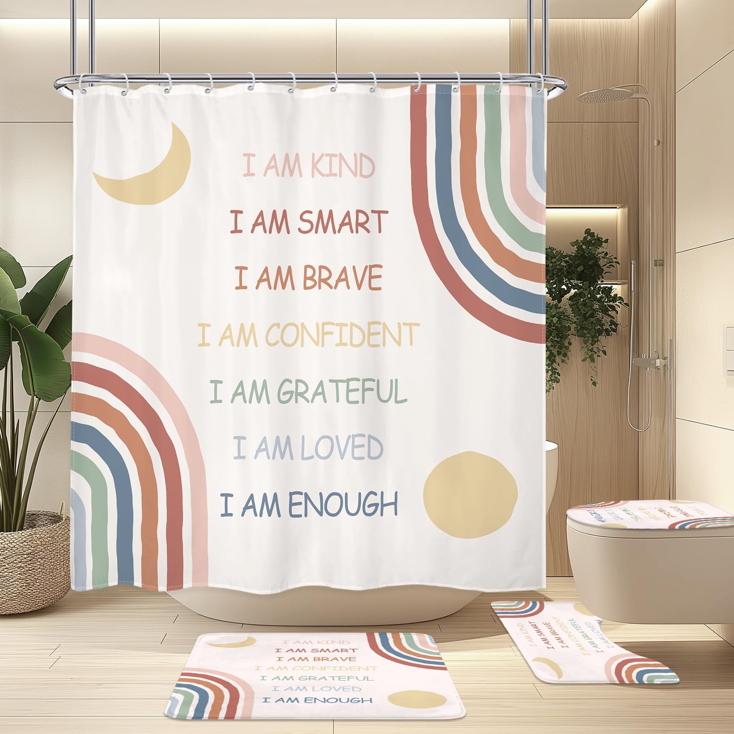 Imirell 4PCS Kids Quotes Shower Curtain Sets 72Wx72H Inches with Rugs, Toilet Lid Cover and Bath Mat, Rainbow Inspirational Bathroom Sets for Teens Waterproof Polyester 12 Pack Hooks Plastic