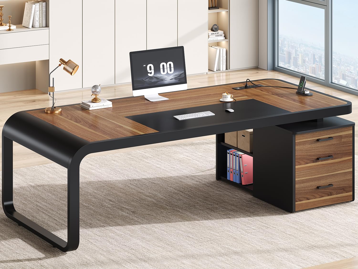 Itaar 70.9" Executive Desk, Large Computer Desk with Drawers and Lateral File Cabinet, Office Desk with Removable Shelves, Business Furniture Desk