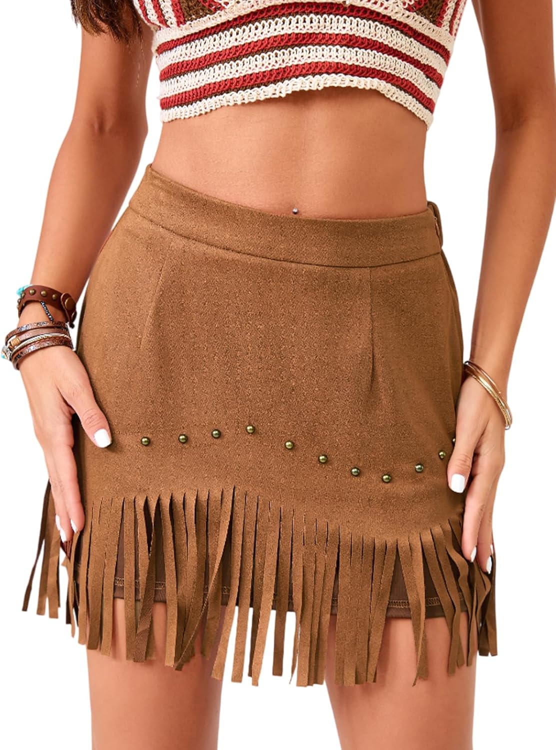 Western Skirts for Women Fringe Mini Faux Suede Cowgirl Skirt for Country Concert Rodeo Outfit Rave Festival - Image 2