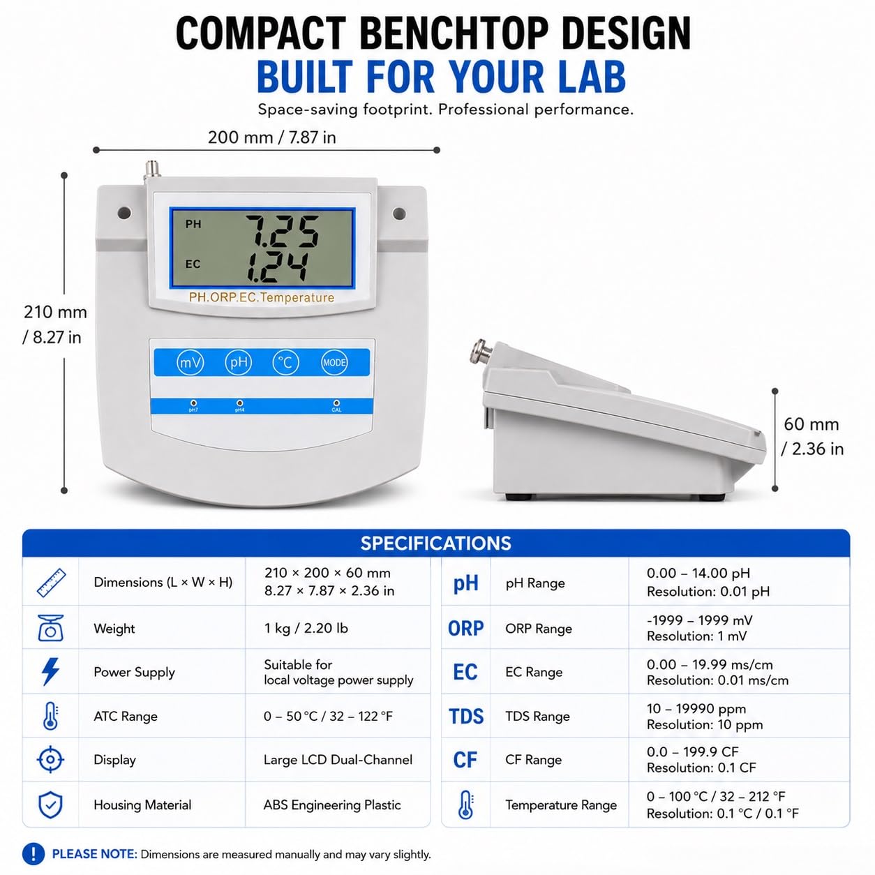 Analizzatore qualità Acqua da Banco 6 in 1 – Misuratore Industriale Multiparametrico PH ORP TDS EC CF Temperatura con ATC per Laboratorio, Controllo qualità E Monitoraggio Acqua di Processo