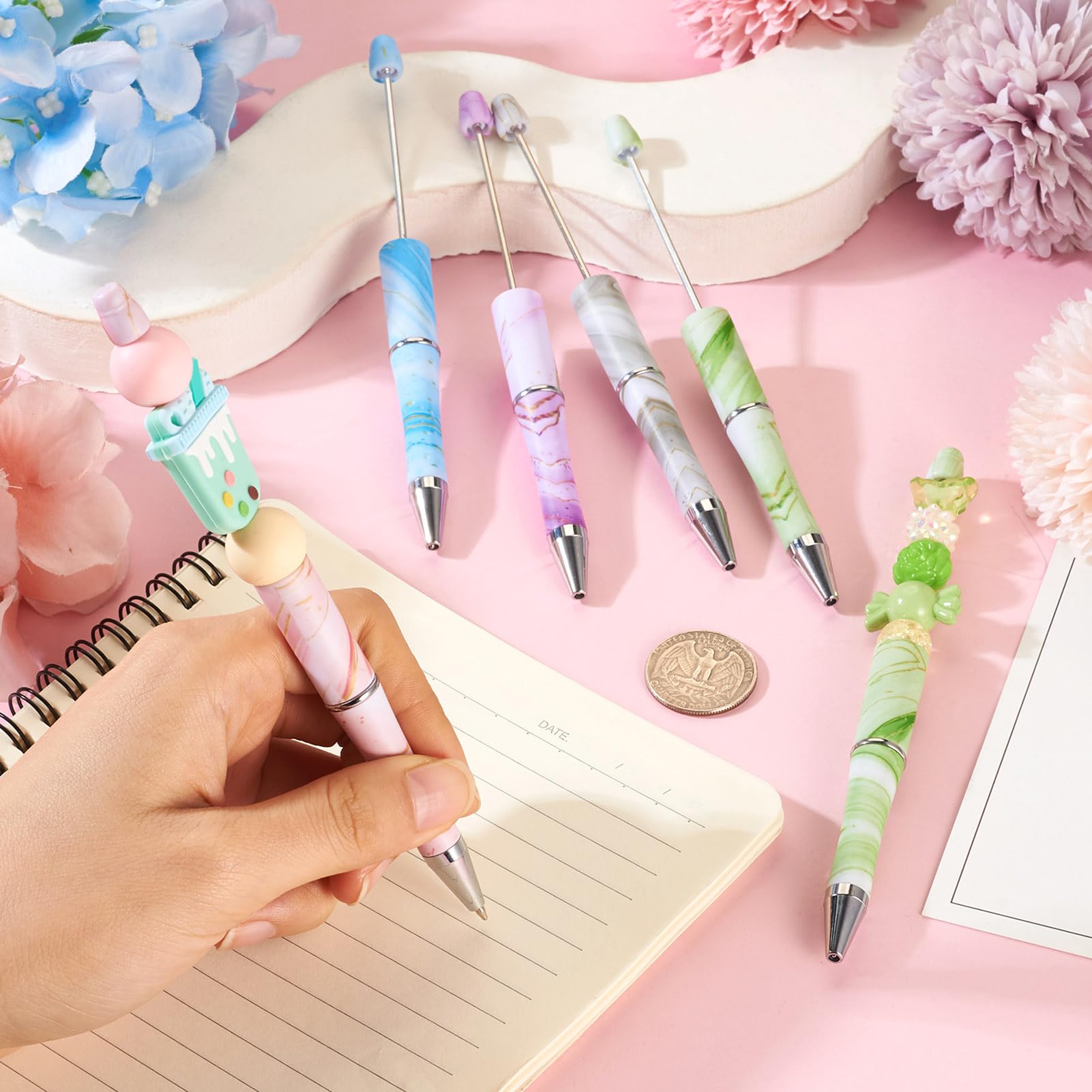 Cheriswelry 5Pcs Marble Pattern Plastic Ball-Point Pen Mixed Color Beadable Pen Beaded Pen for DIY Personalized Pen with Jewelry Beads - Image 4