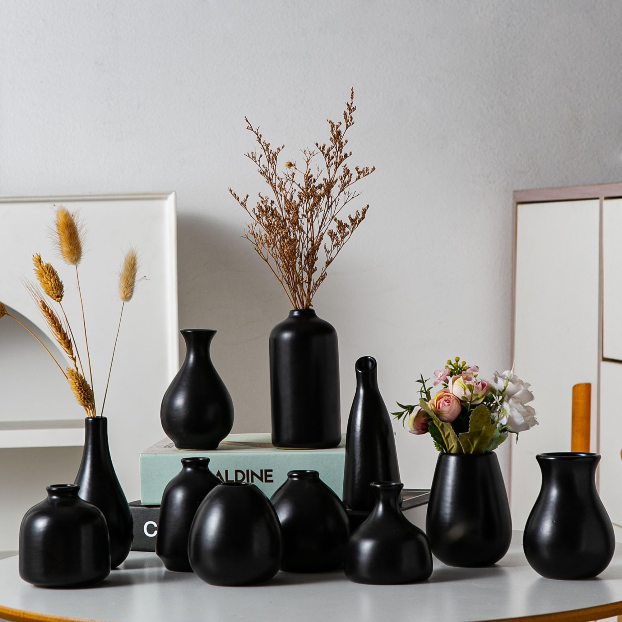 Tanvecle Black Ceramic Bud Vase Set of 11, Small Vases for Pampas Grass, Flowers, Mini Vases for Modern Home Decor, Minimalist Decor, for Living Room, Dining Table & Shelves