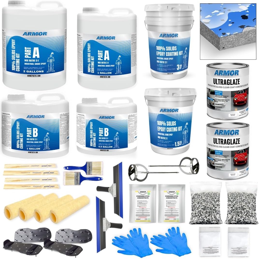 ArmorPoxy Garage Epoxy Floor Kit – 100% Solids - 2 Part Industrial-Grade Coating w/UltraGlaze Topcoat | DIY Slip & Hot Tire Resistant | 900 Sq Ft - Racing Blue - 32 pc kit