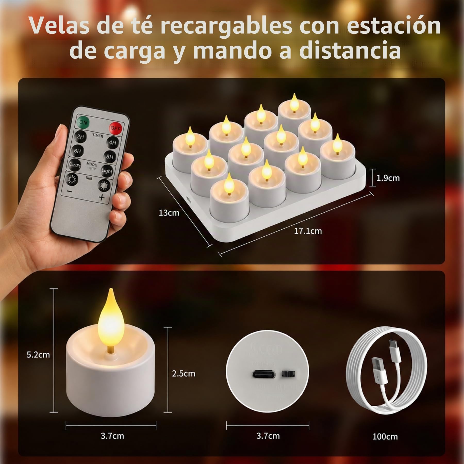 12 Unidades Velas LED Recargables con Mando y Temporizador, Luz Cálida Regulable, Velas Eléctricas Parpadeantes con Estación de Carga para Bodas, Fiestas, Salón, Navidad y Decoración del Hogar