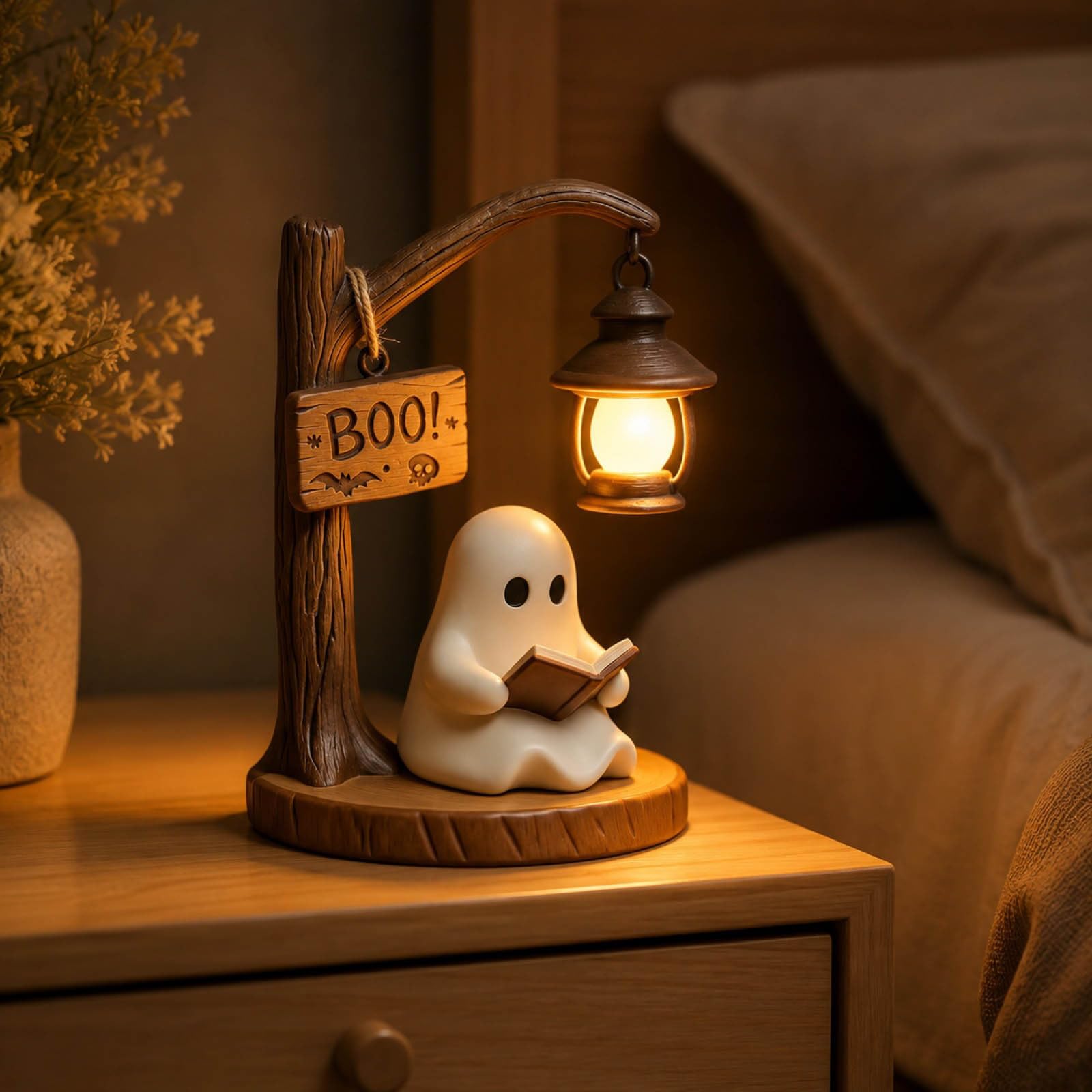 Cute Ghost Reading Lantern, Halloween Ghost Reading Book Lamp, 3D LED Night Light Figurine for Desk Mantel Shelf, Spooky Home Decor