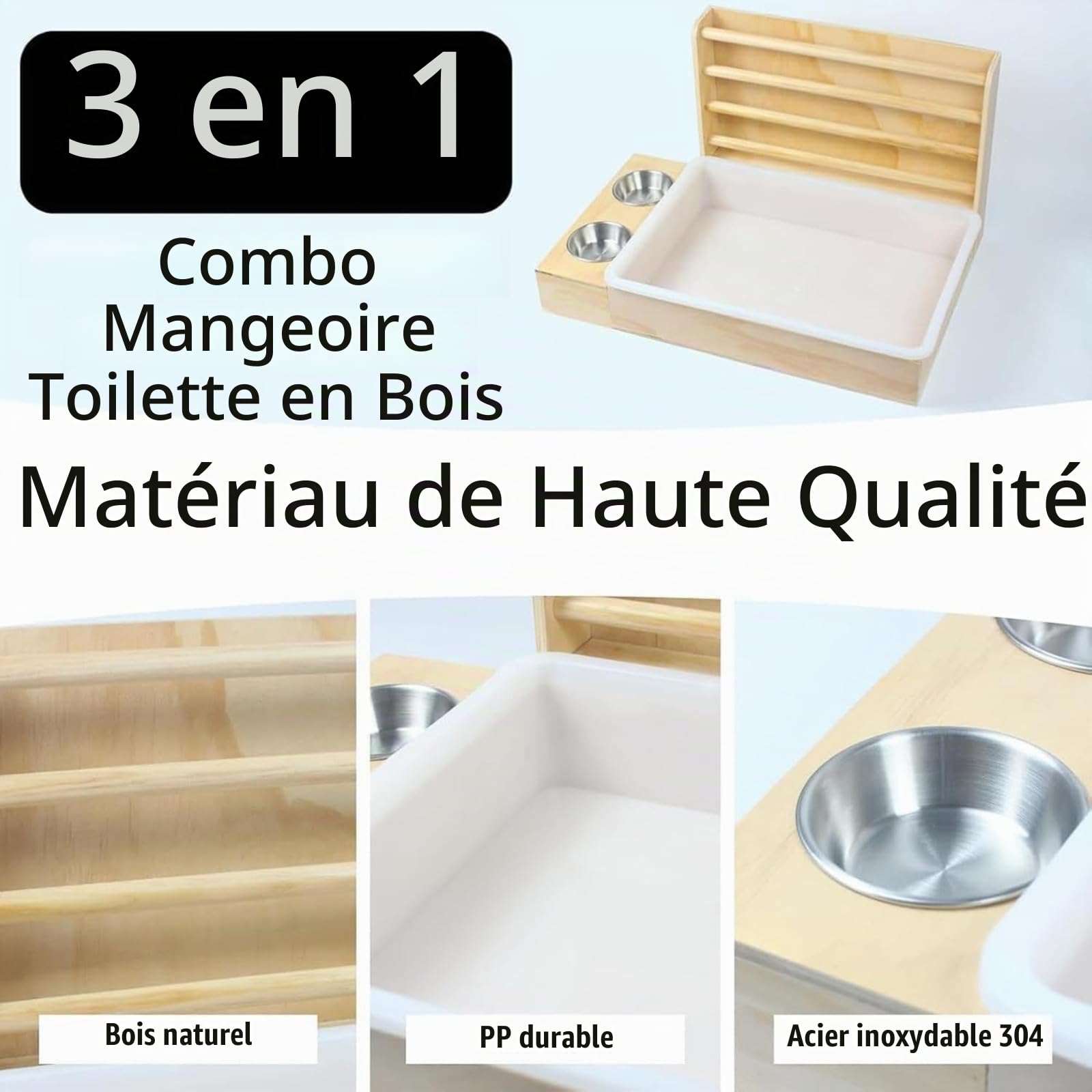 3 en 1 Mangeoire à Foin de Lapin avec Bac à Litière, Mangeoire Multifonction Facile à Nettoyer en Bois, Jouet de Recherche de Nourriture pour Lapin/Cobaye/Chinchillas/Hamster