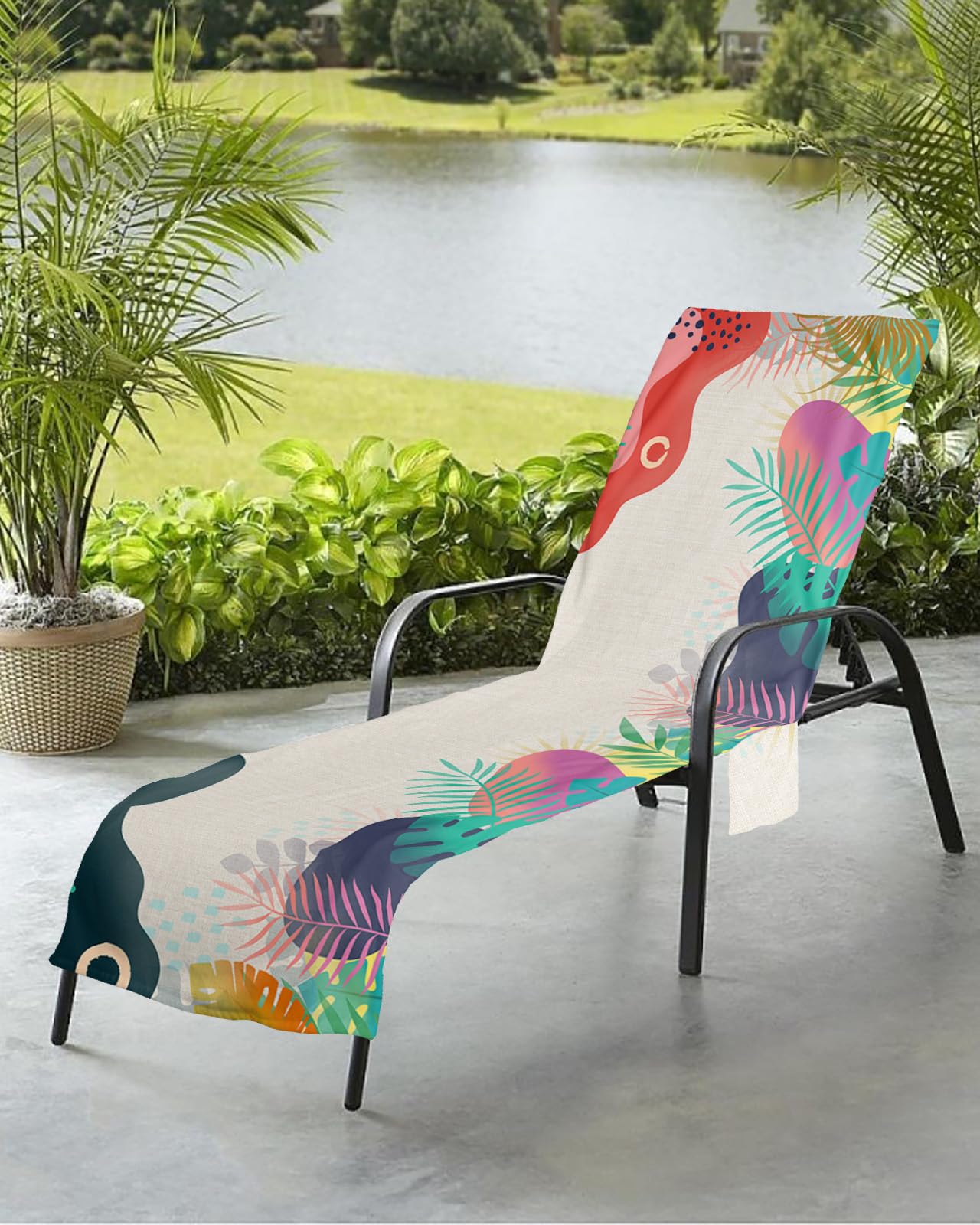 Beach Pool Patio Lounge Chaise Chair Cover Towel with Pockets,Boho Flower Absorbent & Quick Dry Microfiber Towel Cover Bag Summer Travel Accessories Middle Century Morden Abstract Tropical Leaves