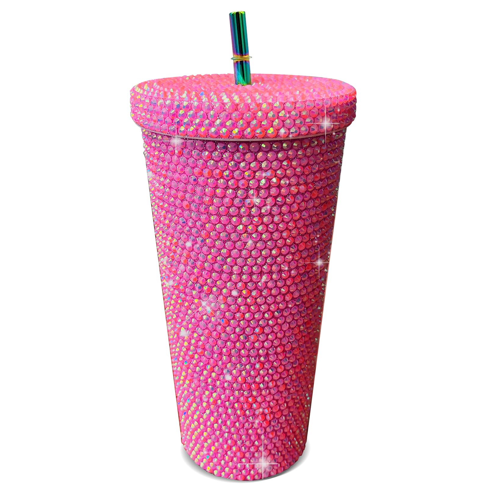 26oz Bling Rhinestone Tumbler with Straw, Glitter Water Bottle Bling Cup | Insulated Leak Proof Stainless Steel Water Bottle Diamond Glitter Travel Tumbler - Birthday Gifts for Women, Mom(Fuchsia)