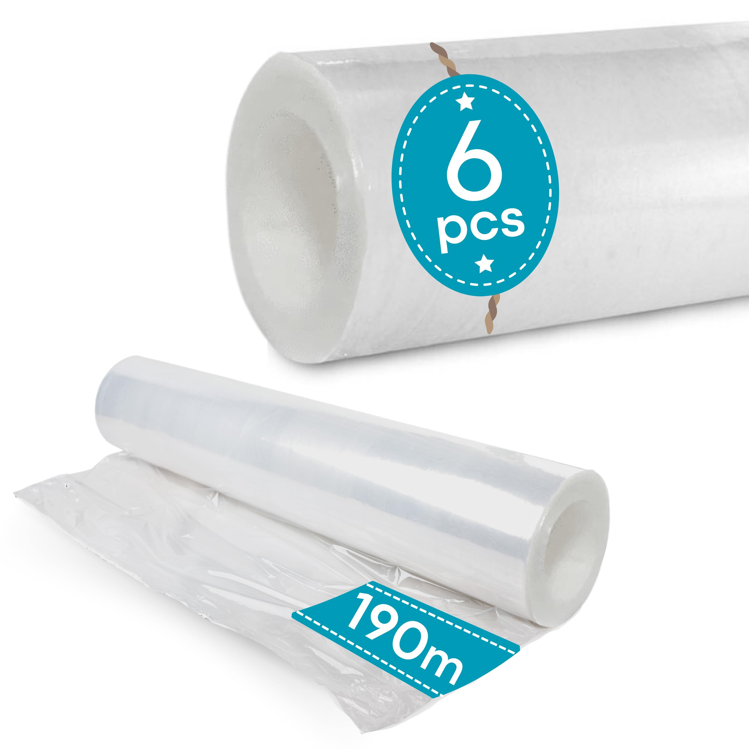 6 rolek przezroczystej folii stretch 51 cm x 190 m | Folia do pakowania opakowań i palet | Folia rozciągliwa do przeprowadzki | Folia spożywcza