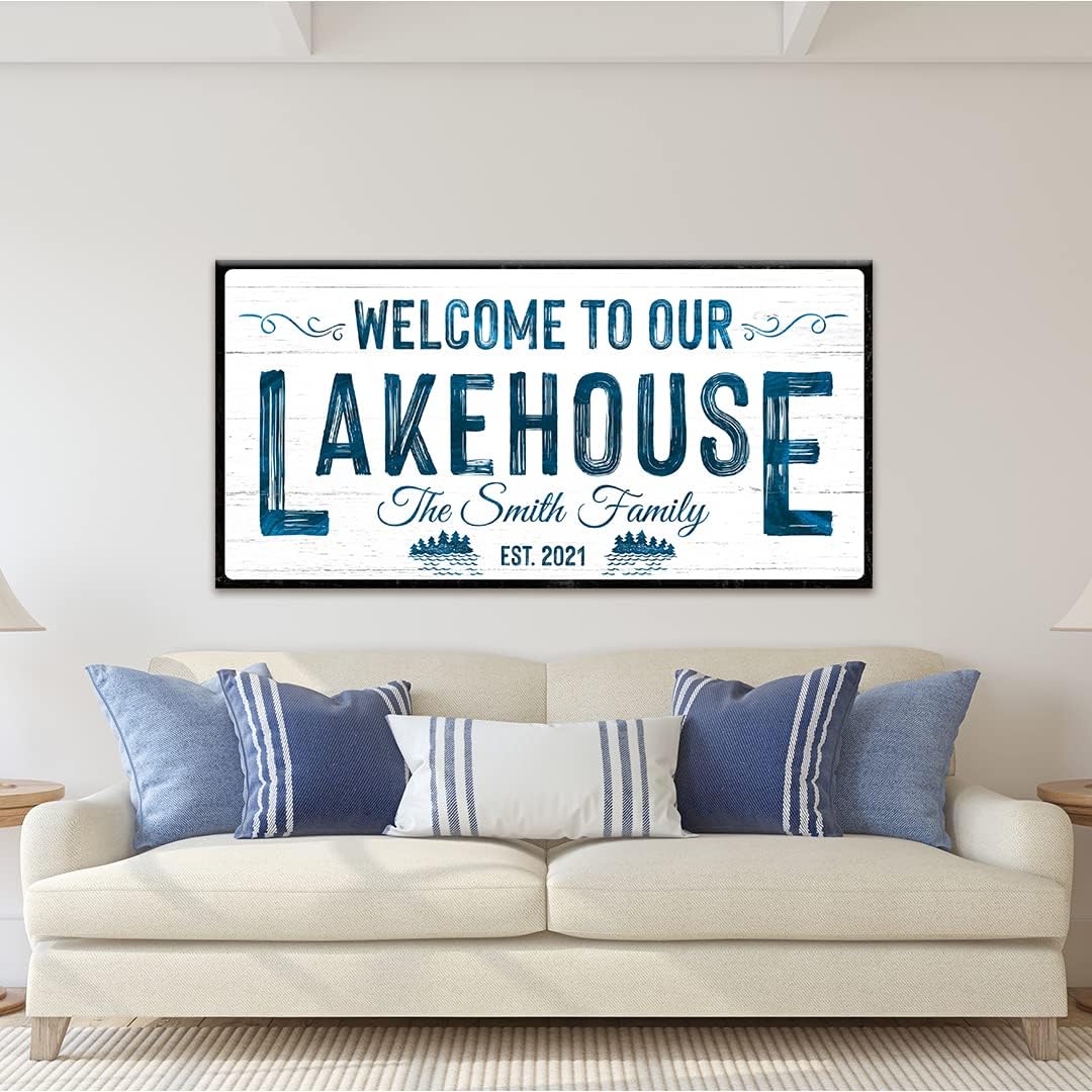 TAILORED CANVASES Custom Lake House Sign - Large Rustic Print Decor Canvas Wall Art for Living Room, Bedroom, Kitchen & Entryway - Welcome To Our Lakehouse - White Background w/Black Border, 36x12in