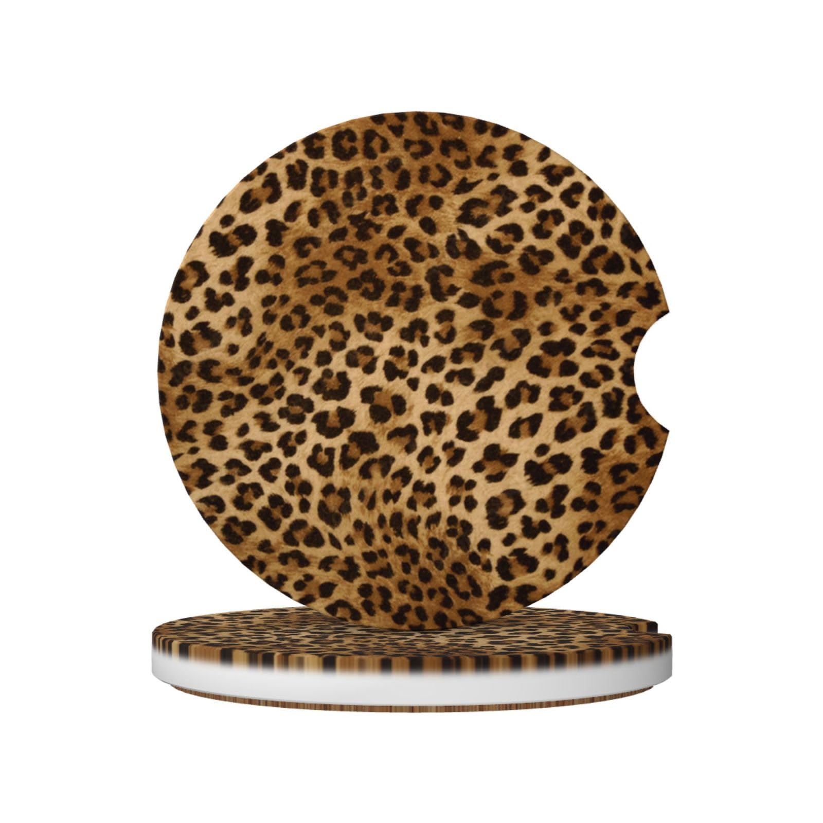 Cute Leopard Print, Car Cup Holder Coasters 2 Pack, Absorbent Ceramic Car Coasters with Non Slip Cork Base