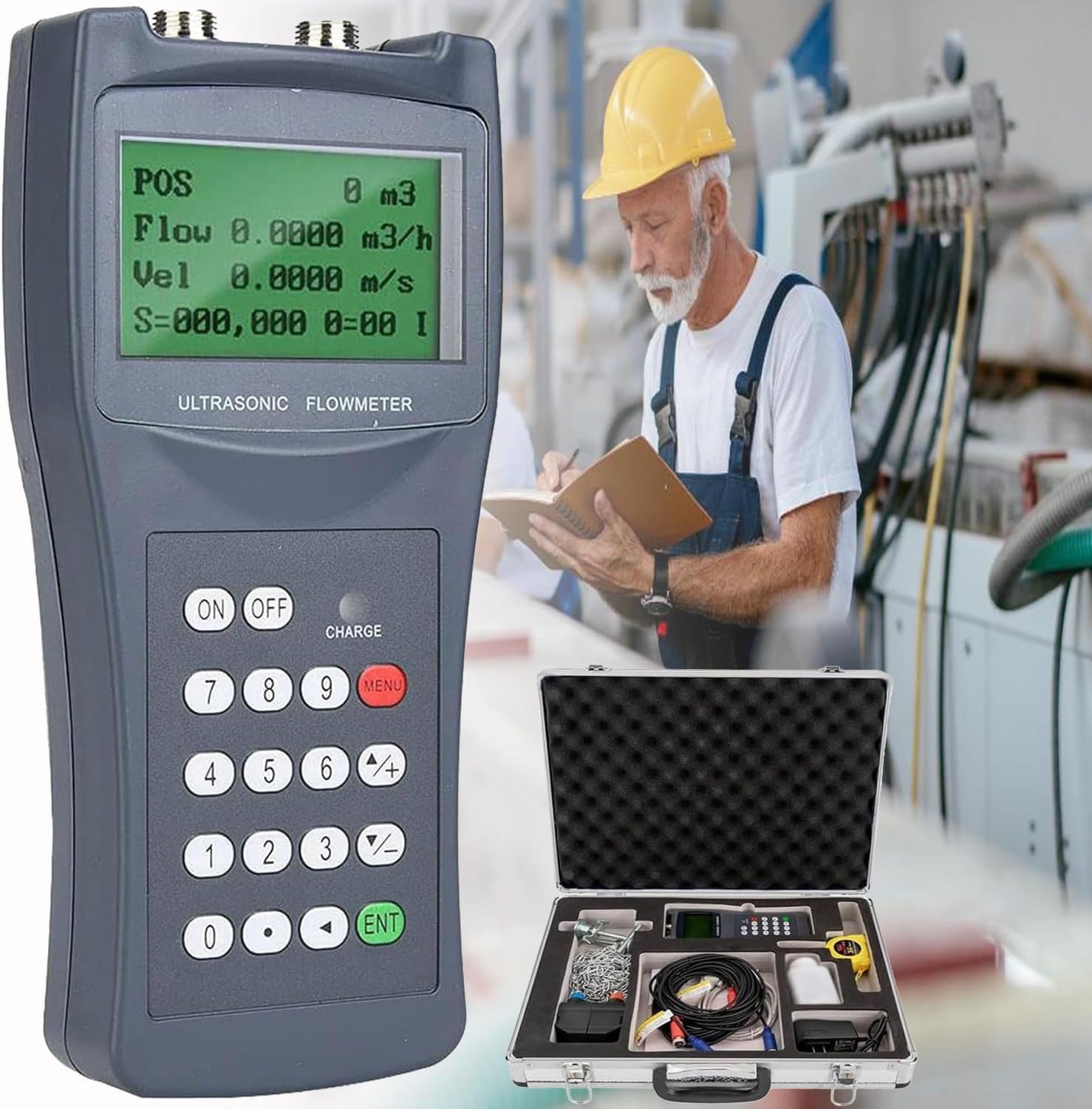 Caudalímetro Digital portátil de Mano para líquidos, con Sensor de Pinza. Rango de caudal: ±32 m/s (±104 pies/s), para tuberías de PVC y Aguas residuales industriales L1(DN300-6000)