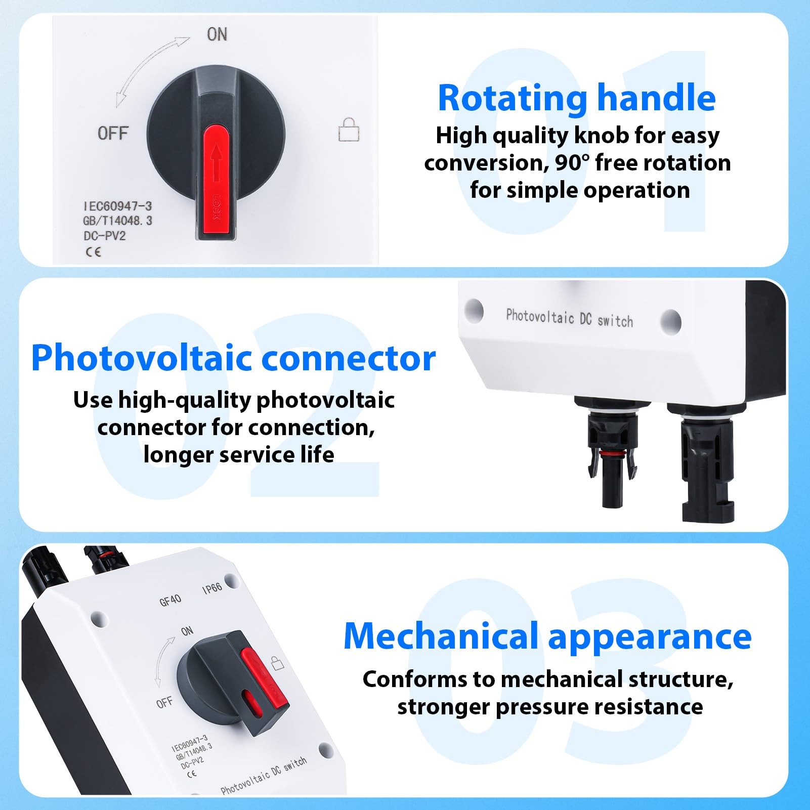 Jadeshay Sezionatore DC Fotovoltaico 32A 1000V CC Commutatore Interruttore di Trasferimento Solare Impermeabile IP66 per Scatole Combinate Solari Camper Barche e Sistemi Solari ON-Grid/OFF-Grid