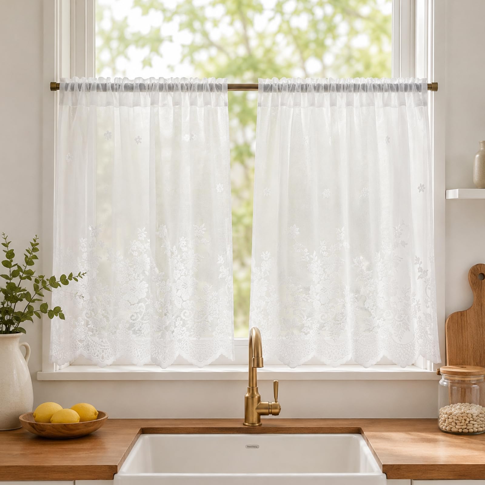 meioro White Lace Kitchen Short Curtains, 2PCS Floral Embroidered, W26xL24
