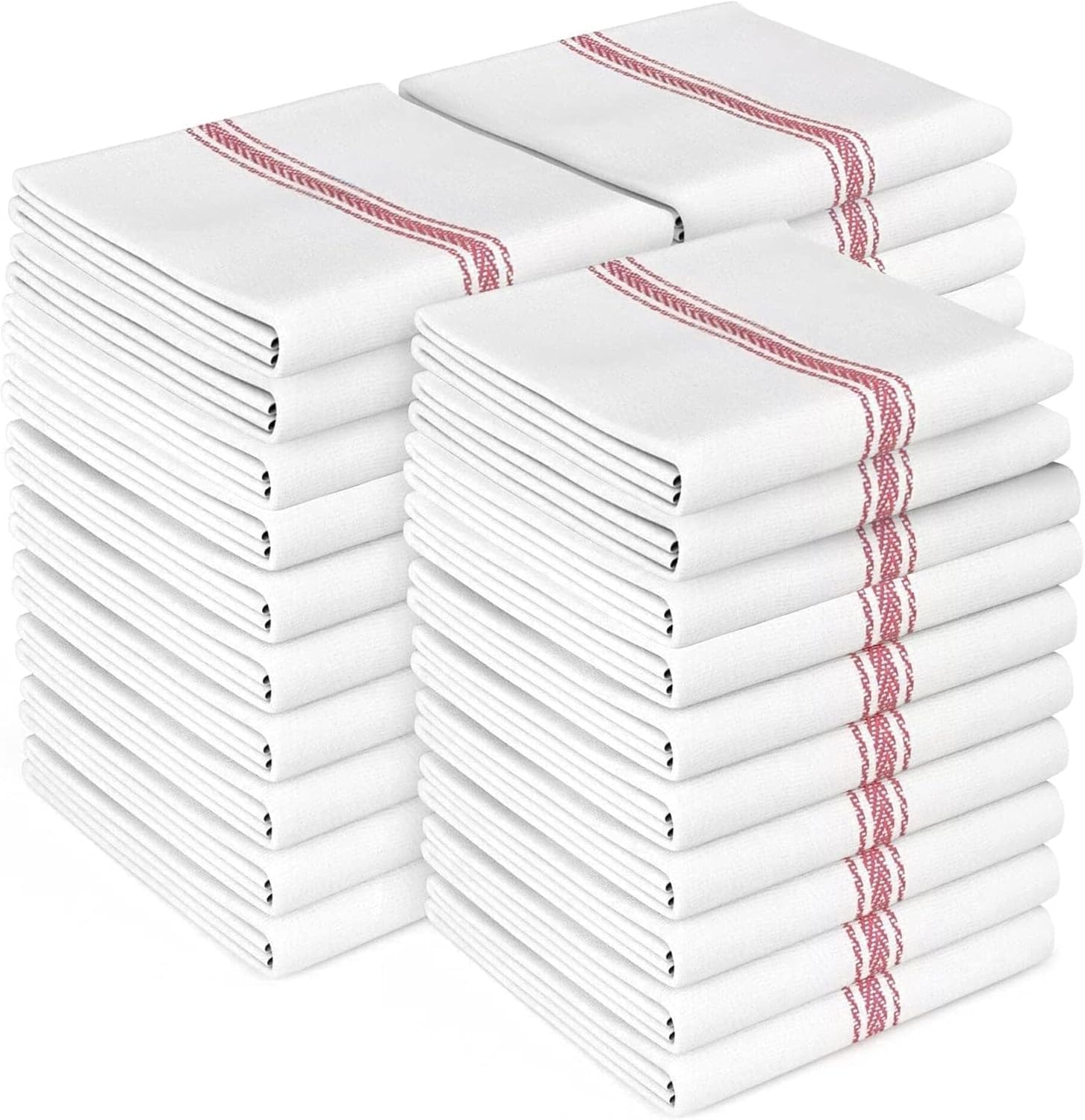 Zeppoli Classic Kitchen Towels - 30 Pack 100% Natural Cotton Towel Set, Reusable Wash Cloths, Absorbent Dish Towels, Machine Washable Hand Towels, Kitchen Essentials - 14” by 25” - Red Striped