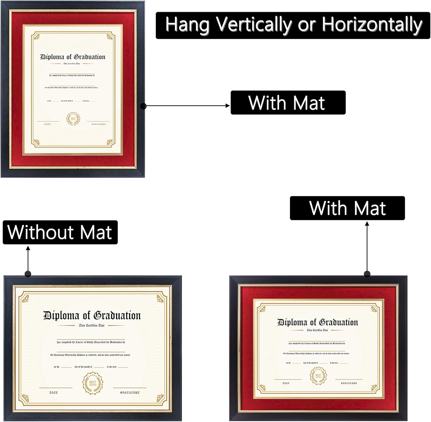 11x14 Diploma Frame with Red over Gold Mat, 14x17 Certificate Frame, Real Wood with Gold Trim, Black Frame with Arcylic