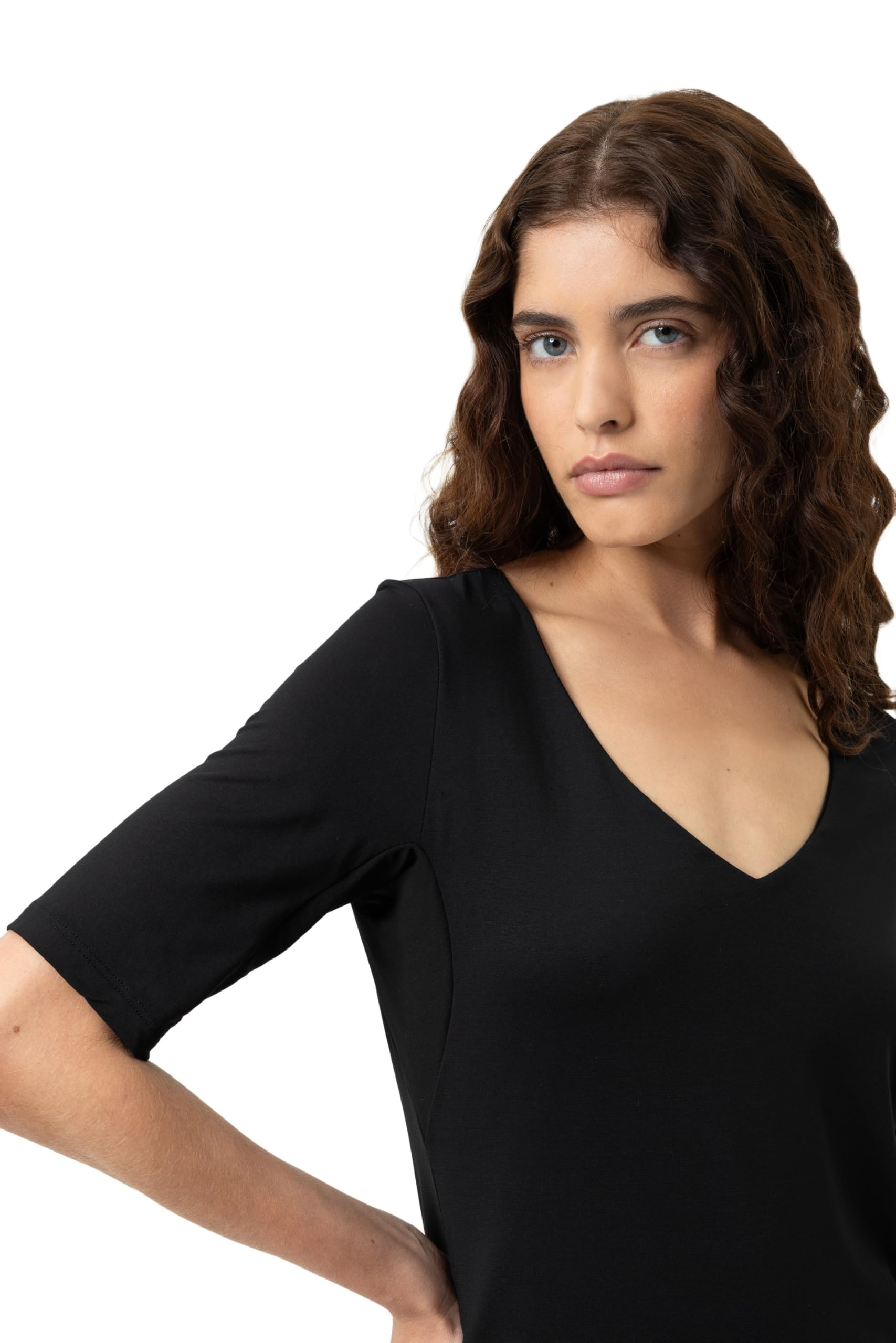 Mey Damen T-Shirt Innovation, Blickdicht: Doppellagige Vorderseite, Enganliegende Passform, V-Ausschnitt, Längere enganliegende Ärmel, Serie Blazershirt