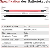 Gedlex Akkumulátor Kábel 35mm² 100cm - Oxigénmentes Réz Autó Kábelszett M10 Csatlakozóval, 150A, 12-24V Akkumulátorhoz, Piros-Fekete PVC Szi 5