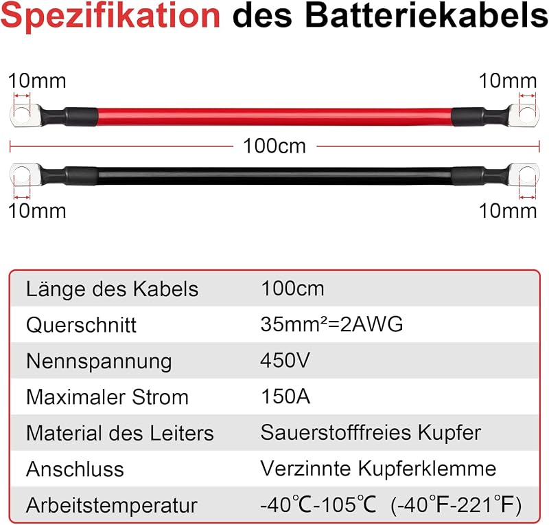 Gedlex Akkumulátor Kábel 35mm² 100cm - Oxigénmentes Réz Autó Kábelszett M10 Csatlakozóval, 150A, 12-24V Akkumulátorhoz, Piros-Fekete PVC Szi