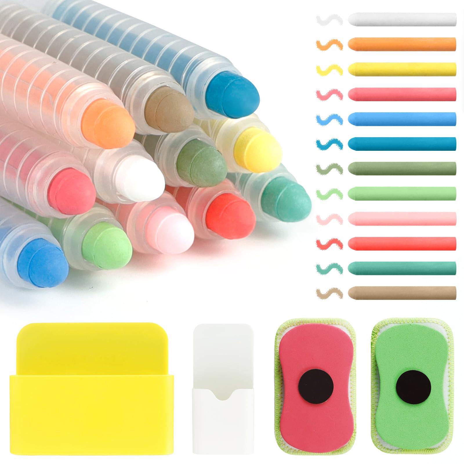 28PCS Dustless Chalk Set with Holder and Eraser, Washable Colored chalkboard Art Tool for Blackboard Outdoor Drawing Writing, Sidewalk Chalk for Teachers(12 Colors)