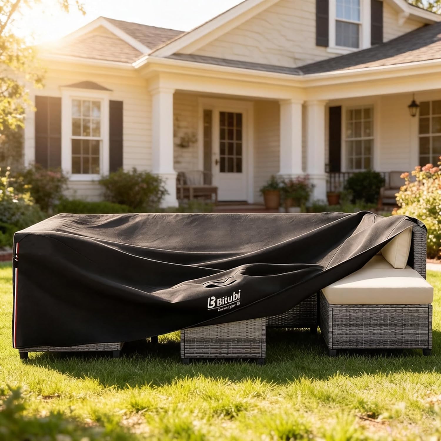 Bitubi Rectangular Patio Table Cover - Heavy Duty 600D Tough Canvas Waterproof Outdoor Dining Table and Chairs Universal Furniture Cover Size 126L x 74W x 28H inch, Black