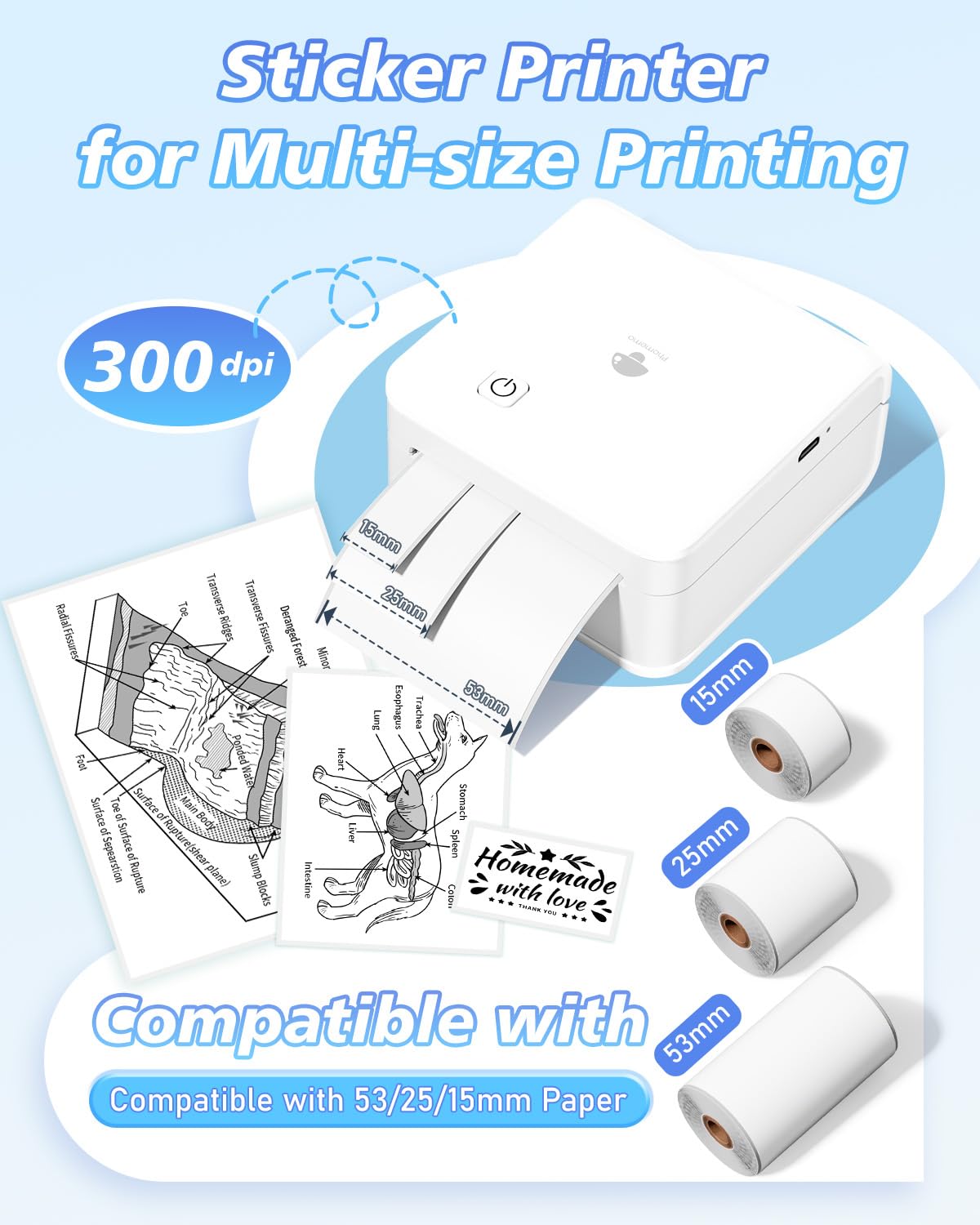 Phomemo P2S Mini Drukarka Fotograficzna, Mini Drukarka Bluetooth, Przenośna Drukarka Termiczna 300 dpi z 3 Rolkami Papieru, Kompatybilna z iOS i Androidem, do zdjęć, zdjęć, prezentów