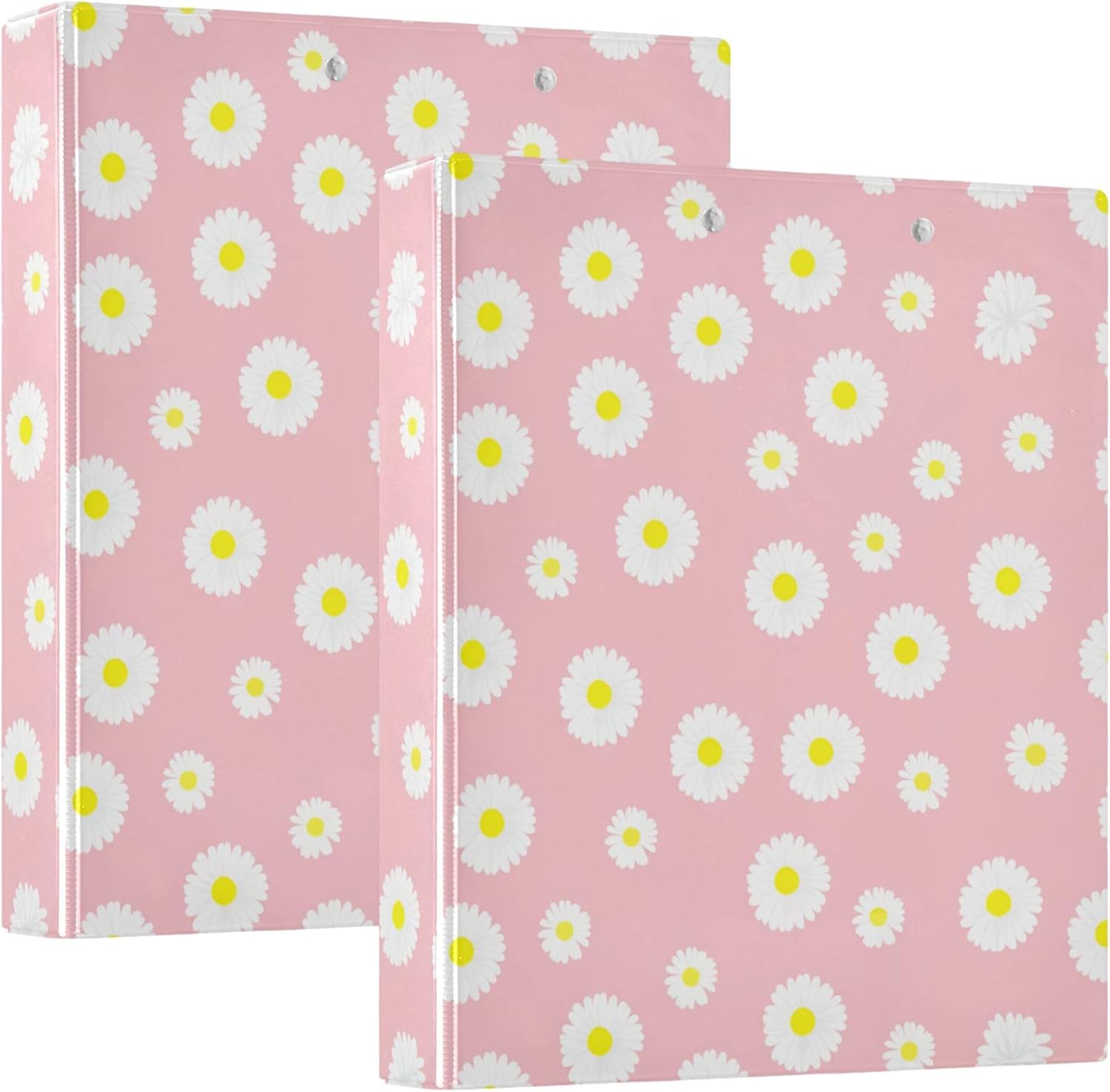 White Daisies on Pink 3 Ring Binders, 1.5” Round Ring Binders with Clipboard - Letter Size, 3 Interior PVC Clear Pockets & Anti-Slip Clip for Office School Supplies, 2PCS
