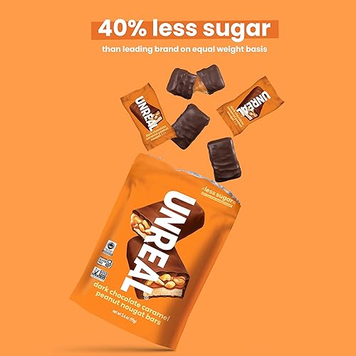 Miniatura 3 de UNREAL Barras de turrón de cacahuete con caramelo y chocolate oscuro, 70% ingredientes orgánicos, comercio justo, sin OMG, sin jarabe de maíz,