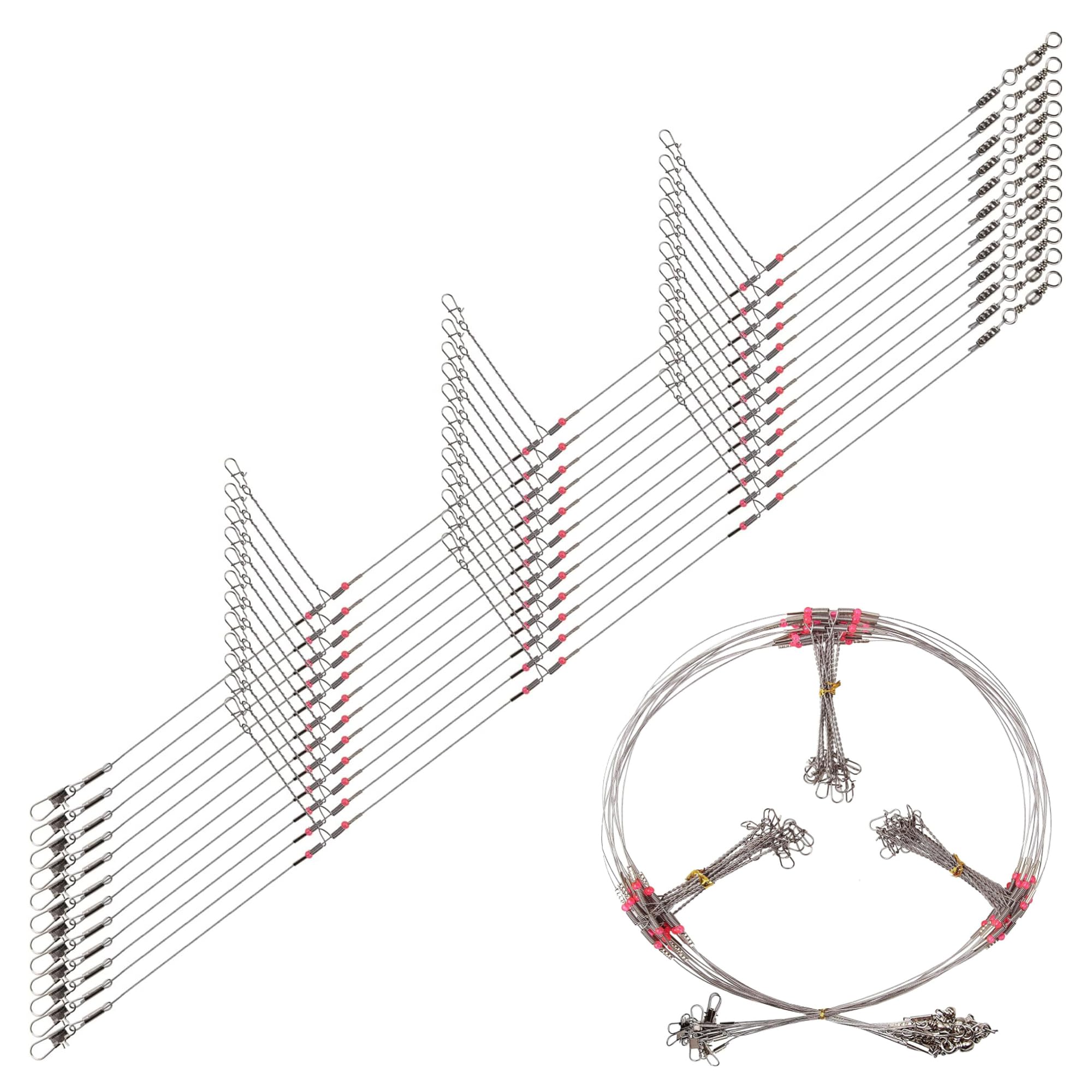 Fishing Leaders Saltwater Fishing Rigs, 12pcs Stainless Steel Wire Leader Rigs with Swivel Snap Beads for Lure Bait Hook Connector High Strength Wire Rig Freshwater Fishing Gear Tackle Kit