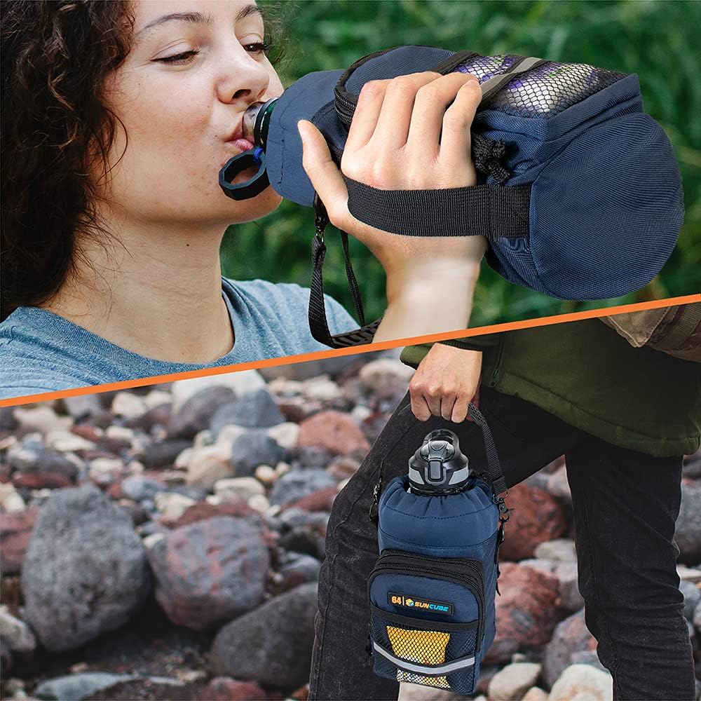 SUN CUBE Water Bottle Carrier with Strap, Insulated Water Bottle Carrier Bag with Phone Pocket Pouch, Sleeve Sling Purse Crossbody Bottle Holder for Walking, Sports, Hiking Accessories 40/64 oz