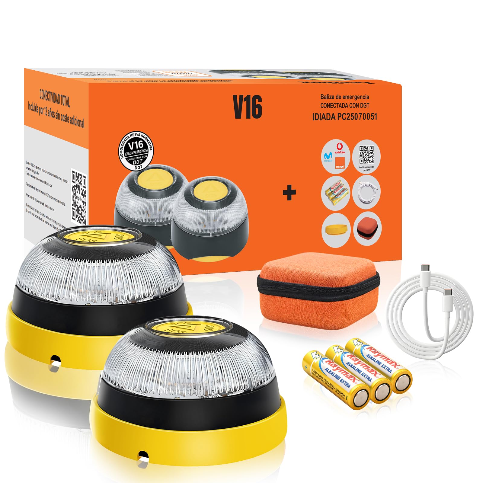 Pack of 2 - V16 DGT Approved Beacon with Geolocation, Free Data up to 2038, Double Fixation (Magnet + Suction Cup), Mandatory 2026, Geolocation 3.0
