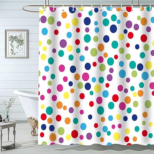 Kids Rainbow Bathroom Shower Curtains, Retro Colorful Geometric Polka Dots