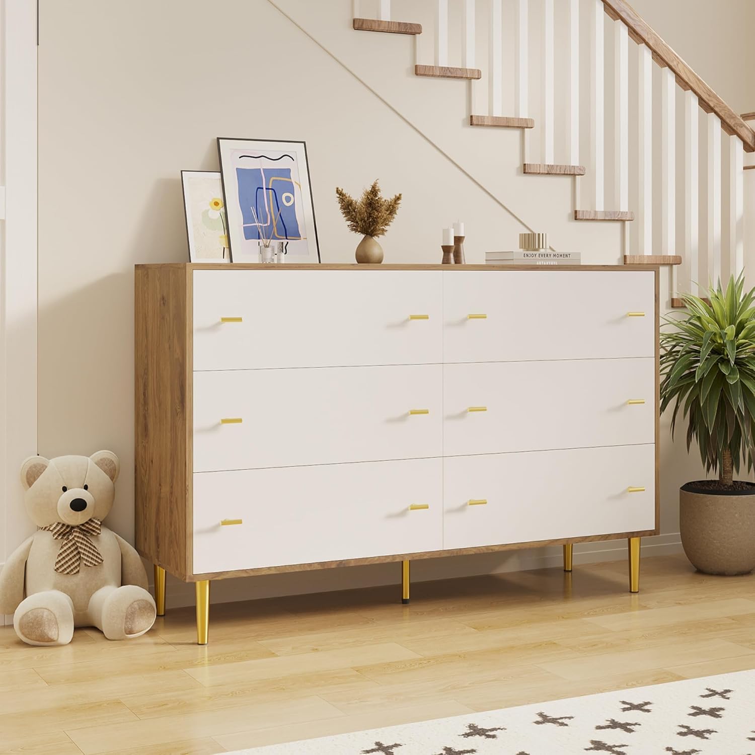 Garvee 6 Drawers Dresser for Bedroom, 47.2" Wide Solid Pine Wood with Bar Handles, Wooden Double Dressers with Six Large Drawers for Living Room, Hallway