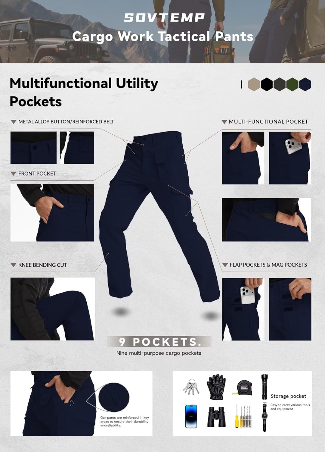 Mens Cargo Pants Tactical Work Construction for Men Ripstop Waterproof Outdoor Hiking with Pockets - Image 7