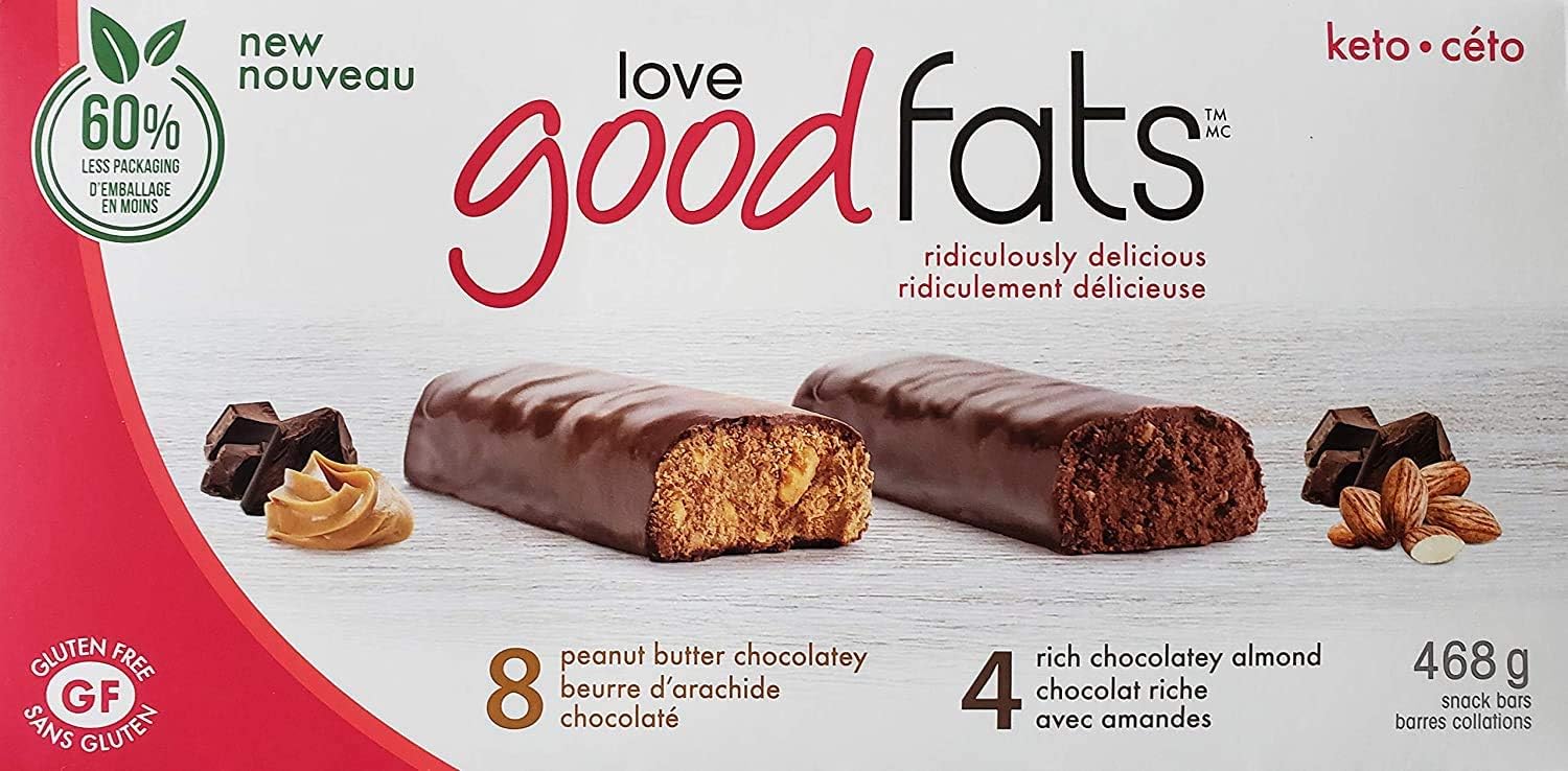Love Good Fats Box of 12 x 39g Snack Bars (Peanut Butter Chocolatey & Rich Chocolatey Almond)