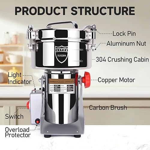 Miniatura 31 de Goldtouch Molinillo de grano de 5.29 oz, molinillo eléctrico de grano de acero inoxidable de 1500 W, máquina pulverizadora de polvo de alta