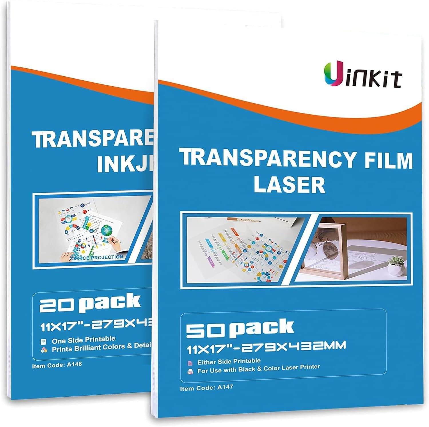 Uinkit Transparent Overhead Projector Film 11x17 inches 50 Sheets One Pack for Laser Printer and Overhead Projector Film 11X17 inches 20Sheets One Pack for Inkjet Printer
