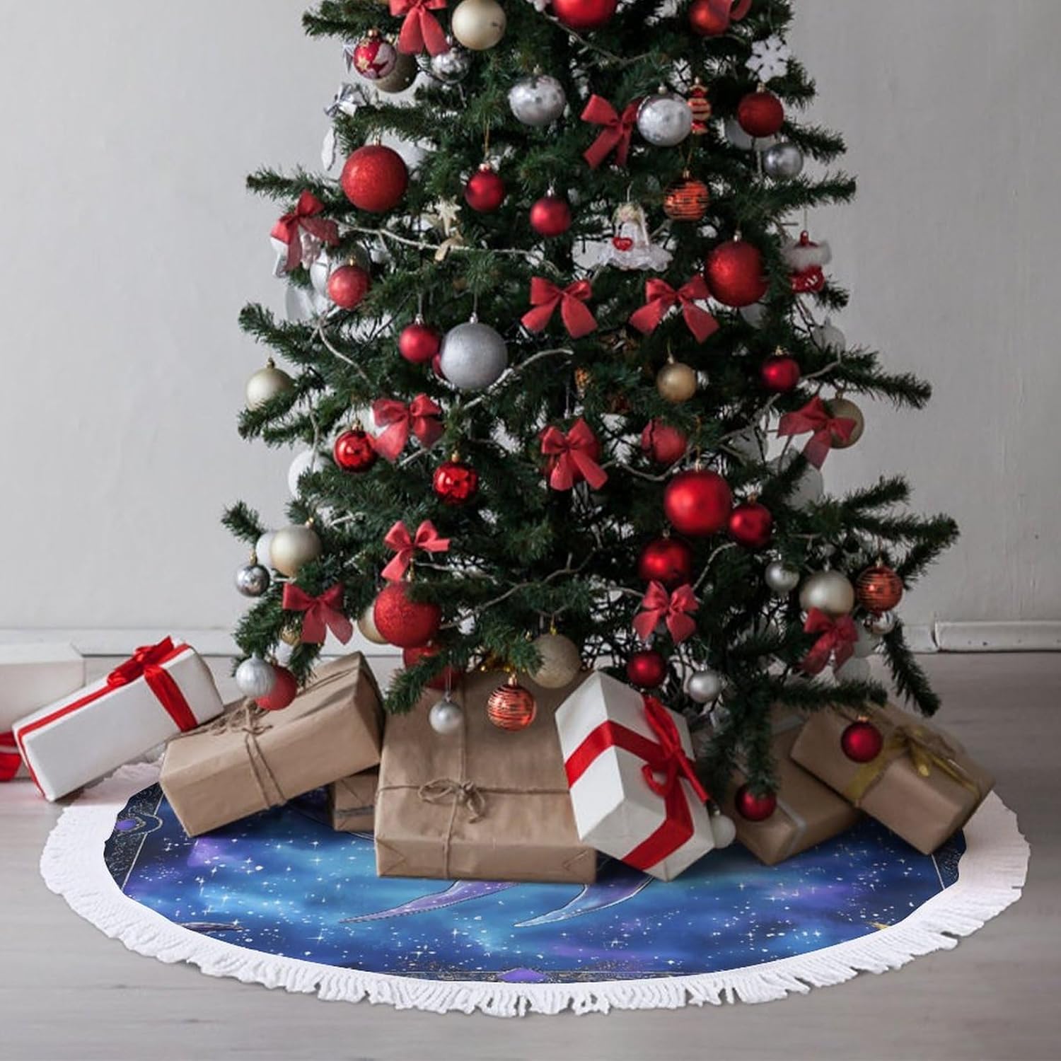 Humpback Whale Moon Print Christmas Tree Skirt Round Xmas Tree Mat Ornaments Tree Skirts with Tassels for Holiday Party