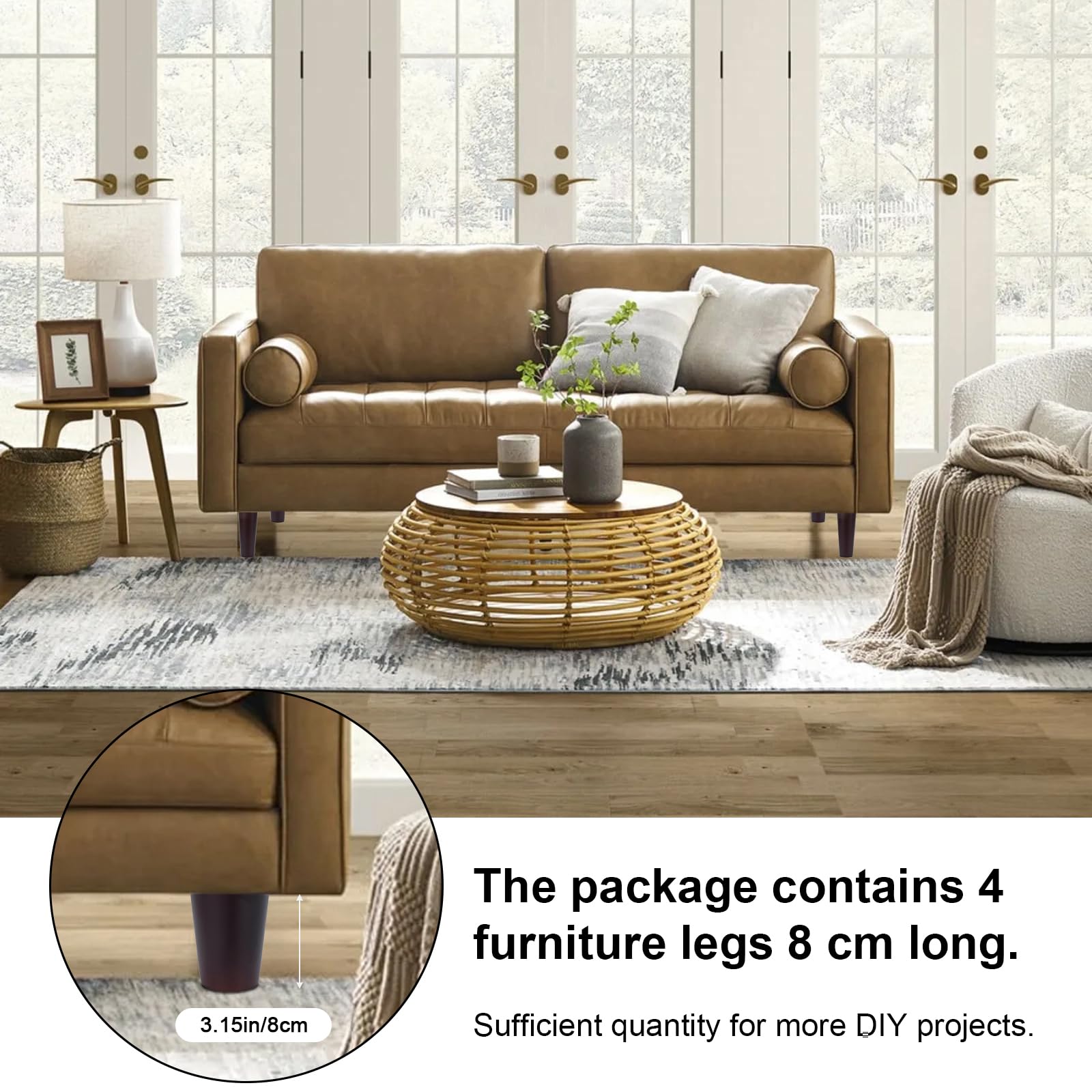 4 Pezzi Gambe per Mobili in Legno 8 cm Conico Piedini per Mobili in Legno Massello Ricambio Parti di Mobili Rotondi per Divano Letto Tavolo Sedia con Piastra di Montaggio,Pad Antiscivolo,Viti