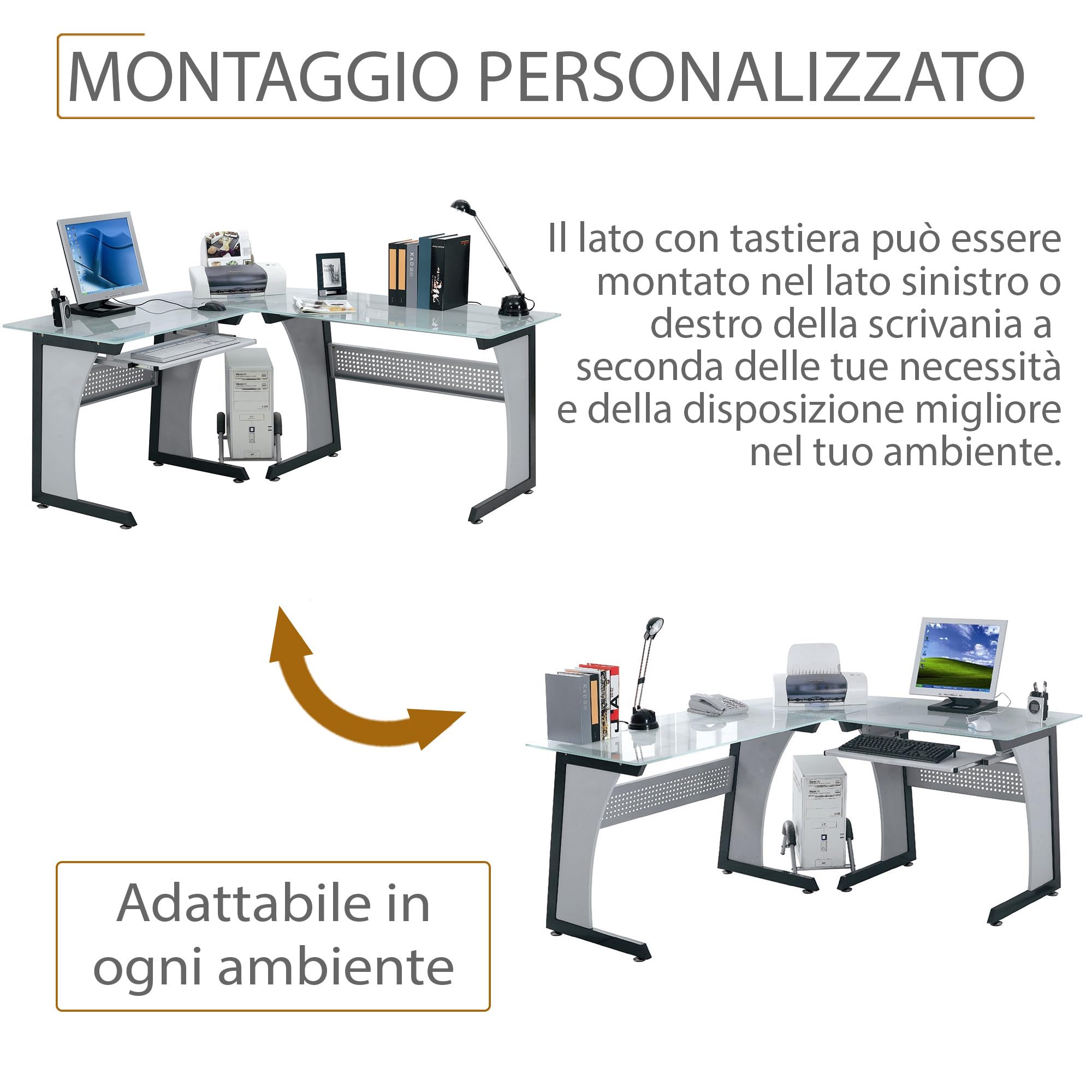 yelloo - Scrivania Angolare per Ufficio, Scrivania Salvaspazio Grande ad Angolo Doppia Postazione, Moderna in Vetro, Adatta come Scrivania Ufficio, Scrivanie Gaming, per Cameretta (Mod. OFFICE)