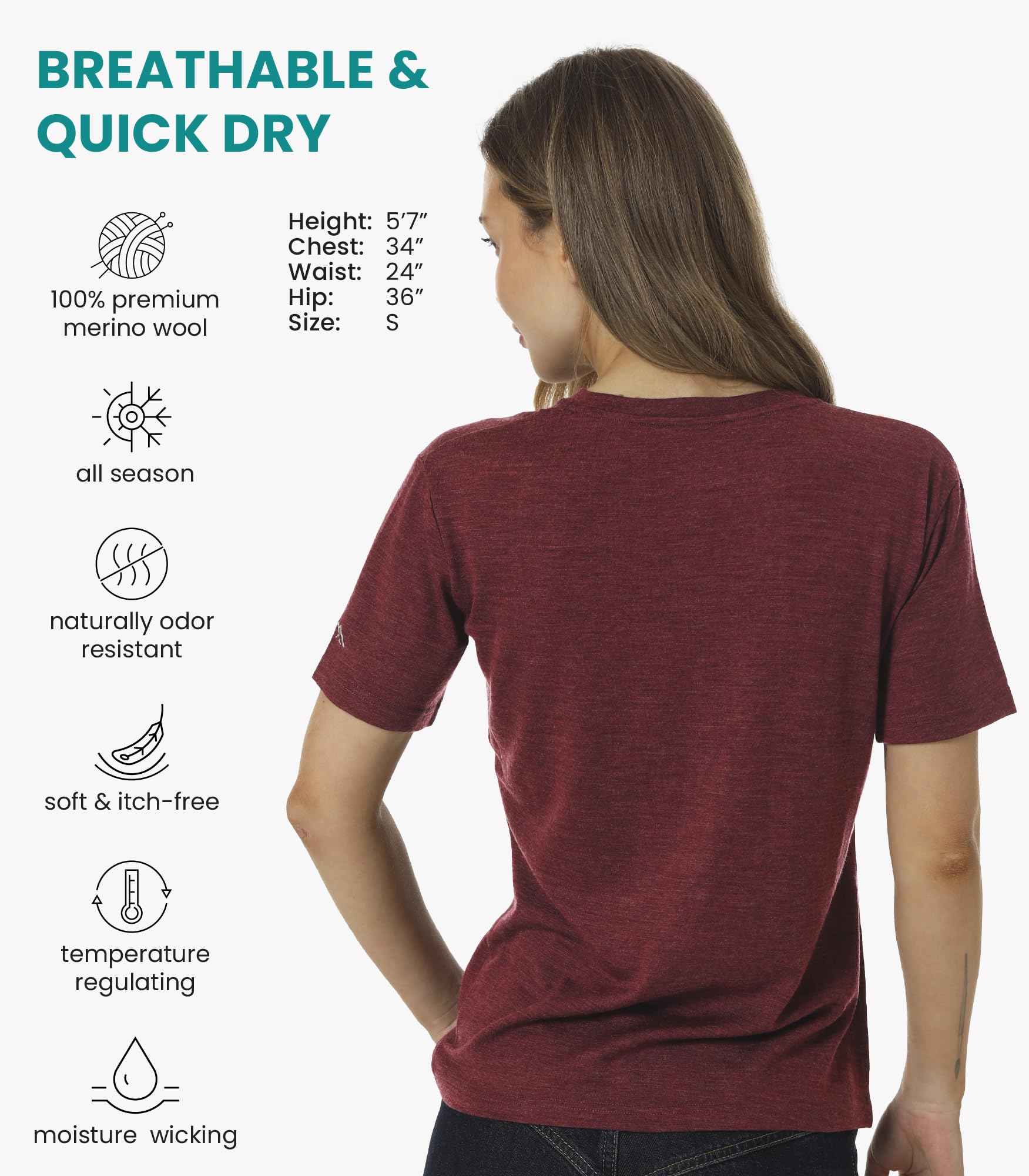 Merino.tech Camiseta Lana Merino Mujer — 100% Merino Lana Camiseta Interior Mujer con Calcetine (X-Large, Burgundy Wine V-Neck)