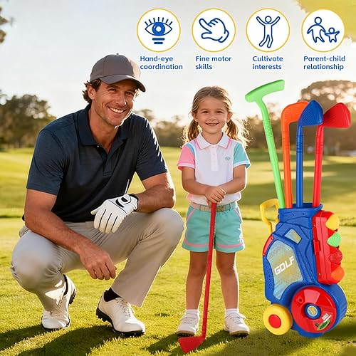 Miniatura 3 de Juego de palos de golf junior para niños de 3 a 6 años, incluye 8 pelotas, 4 palos, alfombrilla de putting y carrito  Juguetes deportivos para