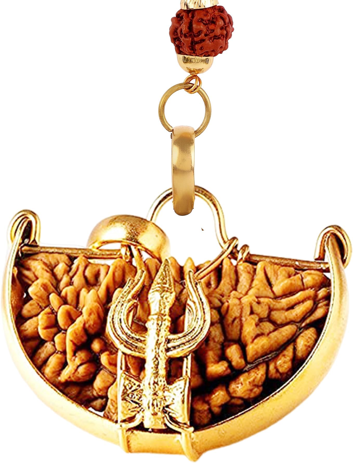 One Face Rudraksha Ek Mukhi Rudraksha Natural Lab Certified Trishul Shaped In Panch-Dhatu Pendant, Brown