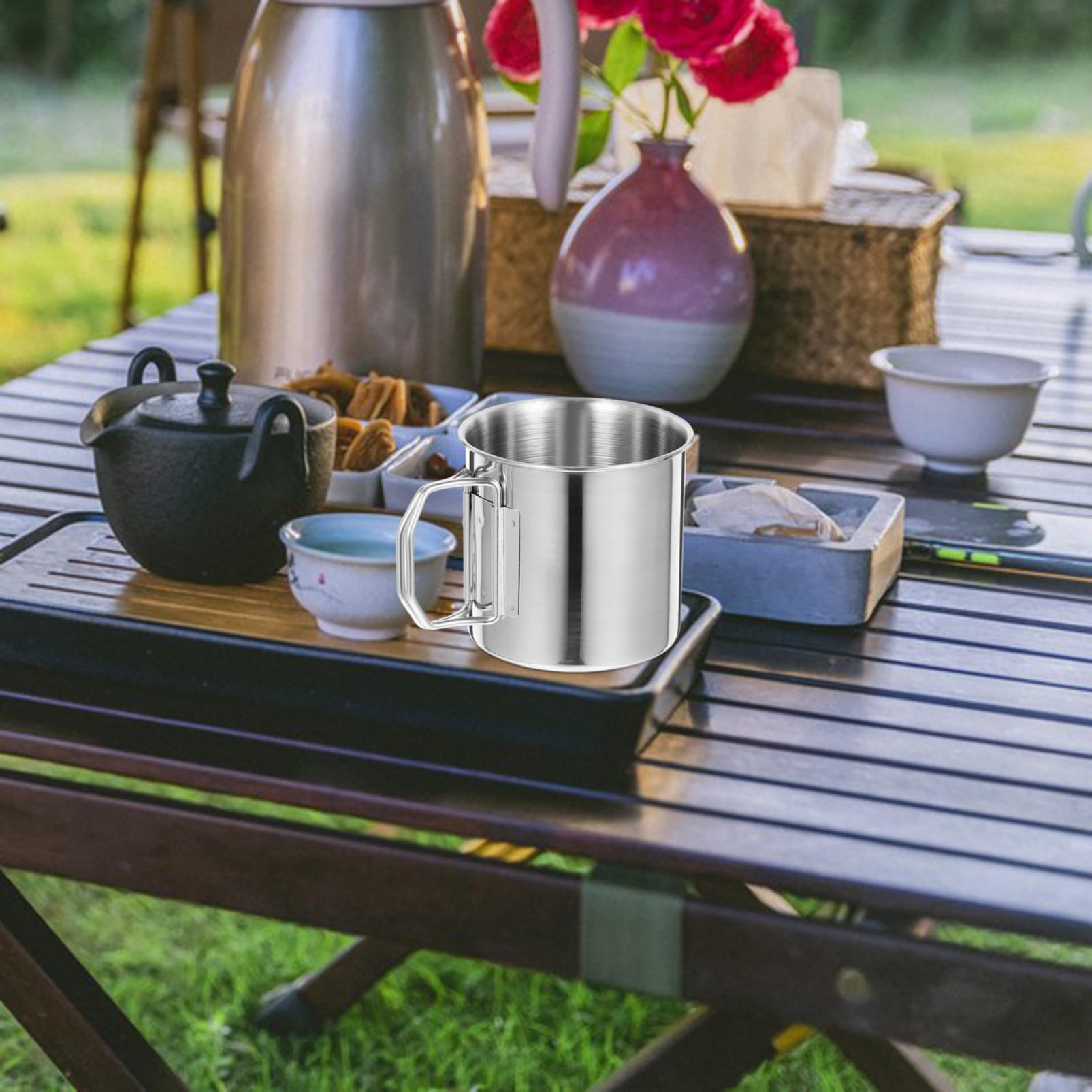 ibasenice 4 Ensembles Tasse De Camping Acier Inoxydable De Mug Pliant Pour Boissons Chaudes Et Froides Cup Pratique Pour Activités Plein Air Et Randonnée Pour Camping Pique 2 Pièces * 4