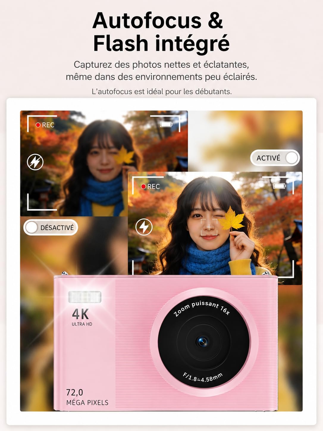 Cámara Digital 4K-72MP con Tarjeta SD de 32GB Incluida, Autofocus AF, Zoom Digital 16X, Pantalla de 2,8 pulgadas, Carga y Transferencia Tipo-C, Ligero y Compacto